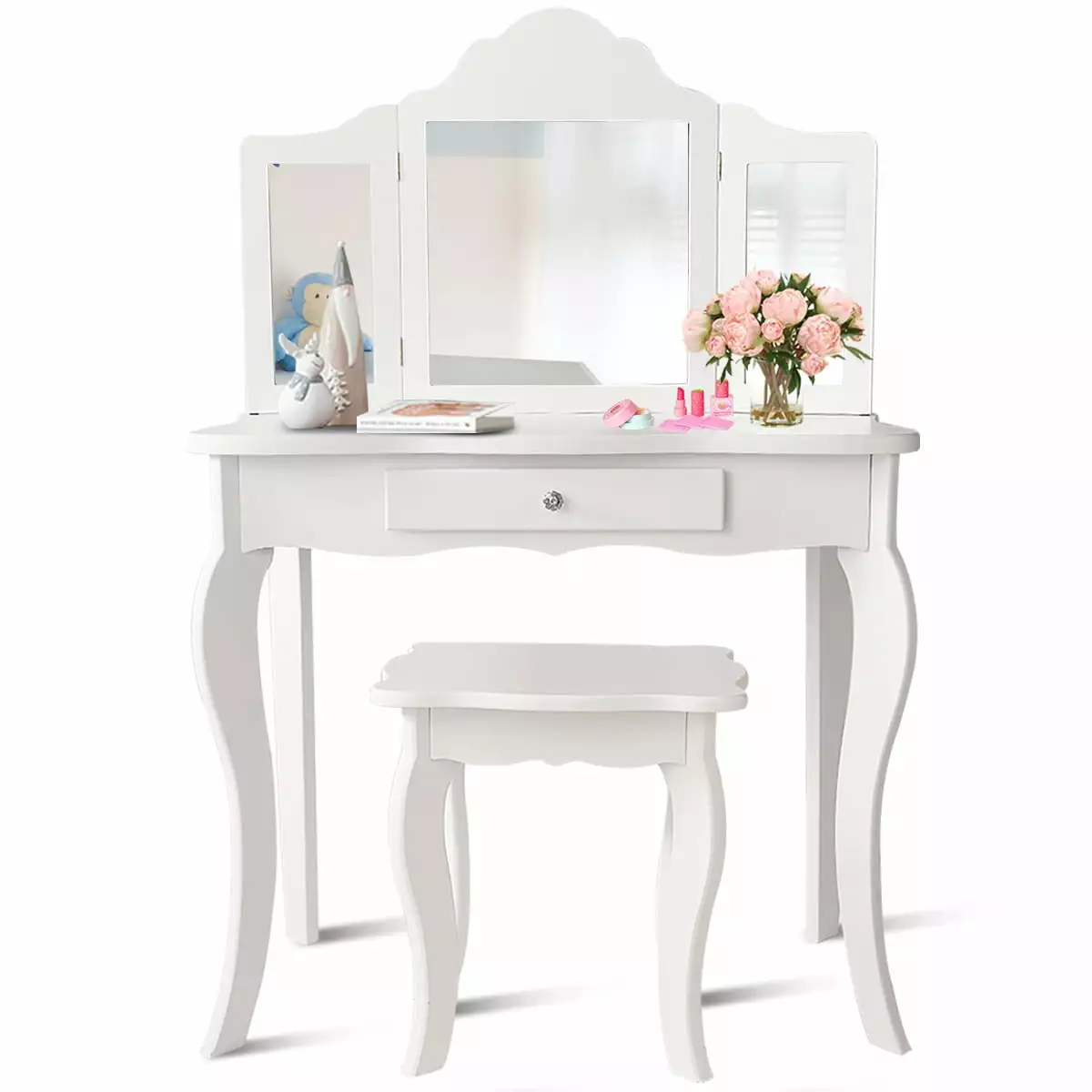 Vanity Table Set Makeup Dressing Table Kids Girls Stool Mirror INFANS
