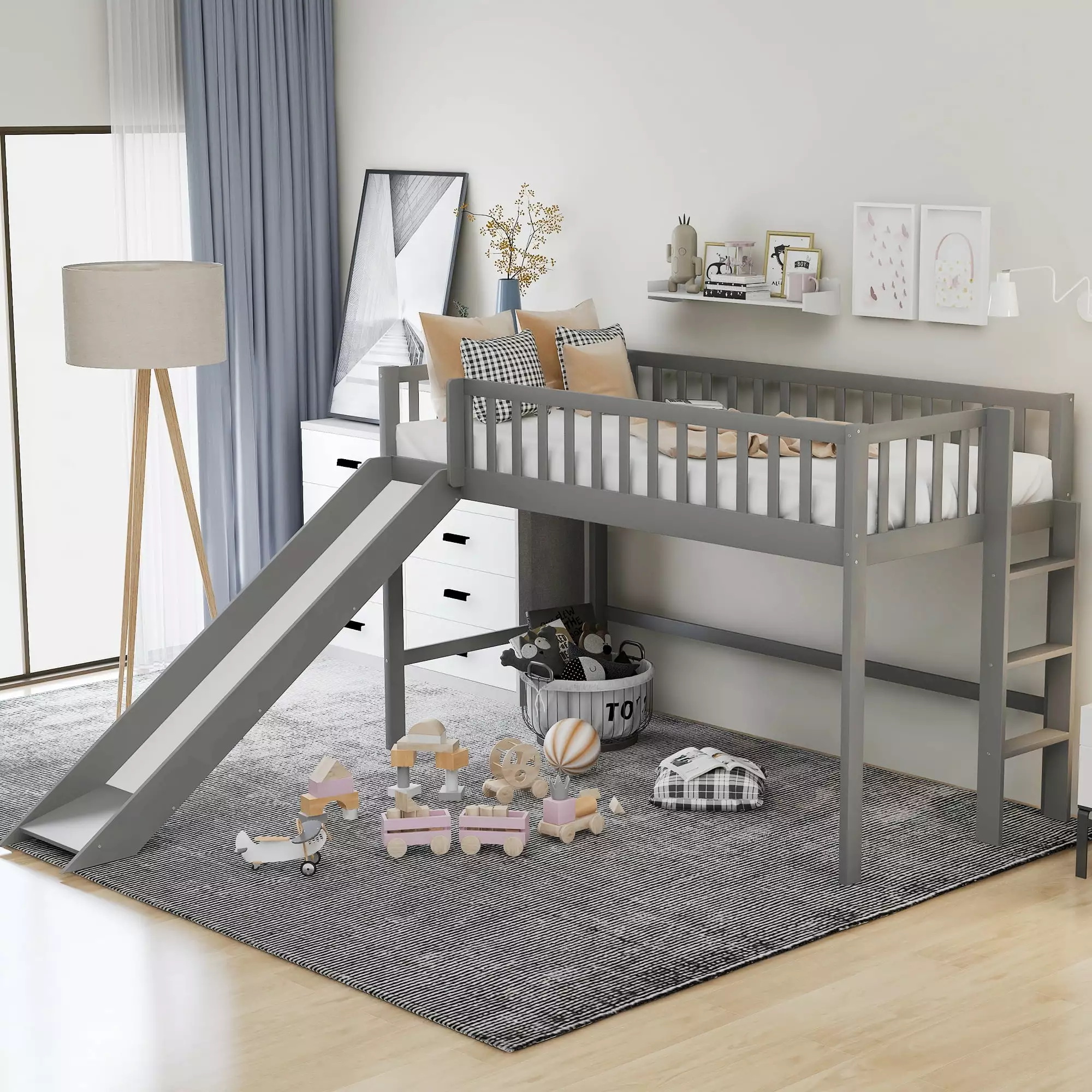 EUROCO Twin Size Loft Bed Slide - Gray Wood Kids Storage Bed No Box Spring Needed
