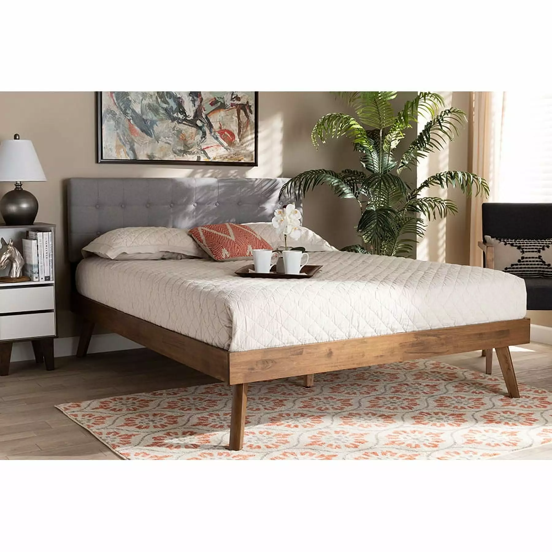 Baxton Studio Devan Mid-Century Engineered Wood Tufted Platform Bed King Light Grey Walnut Wholesale Interiors