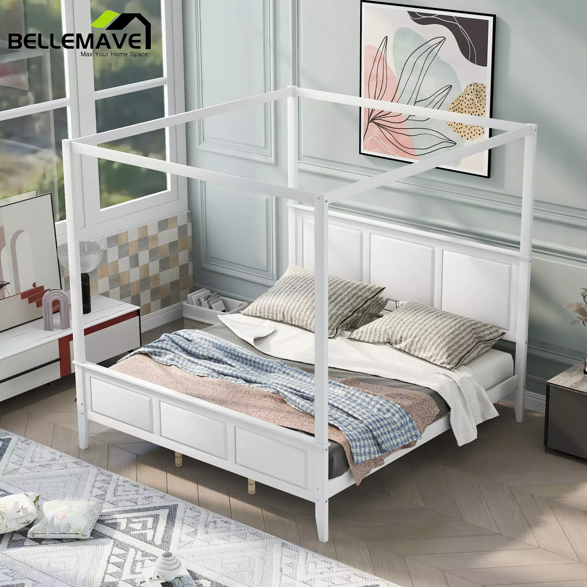 Bellemave White Wood Frame King Size Wood Canopy Bed Platform Bed Four Posters Headboard and Footboard Adult Wood Frame Pl...