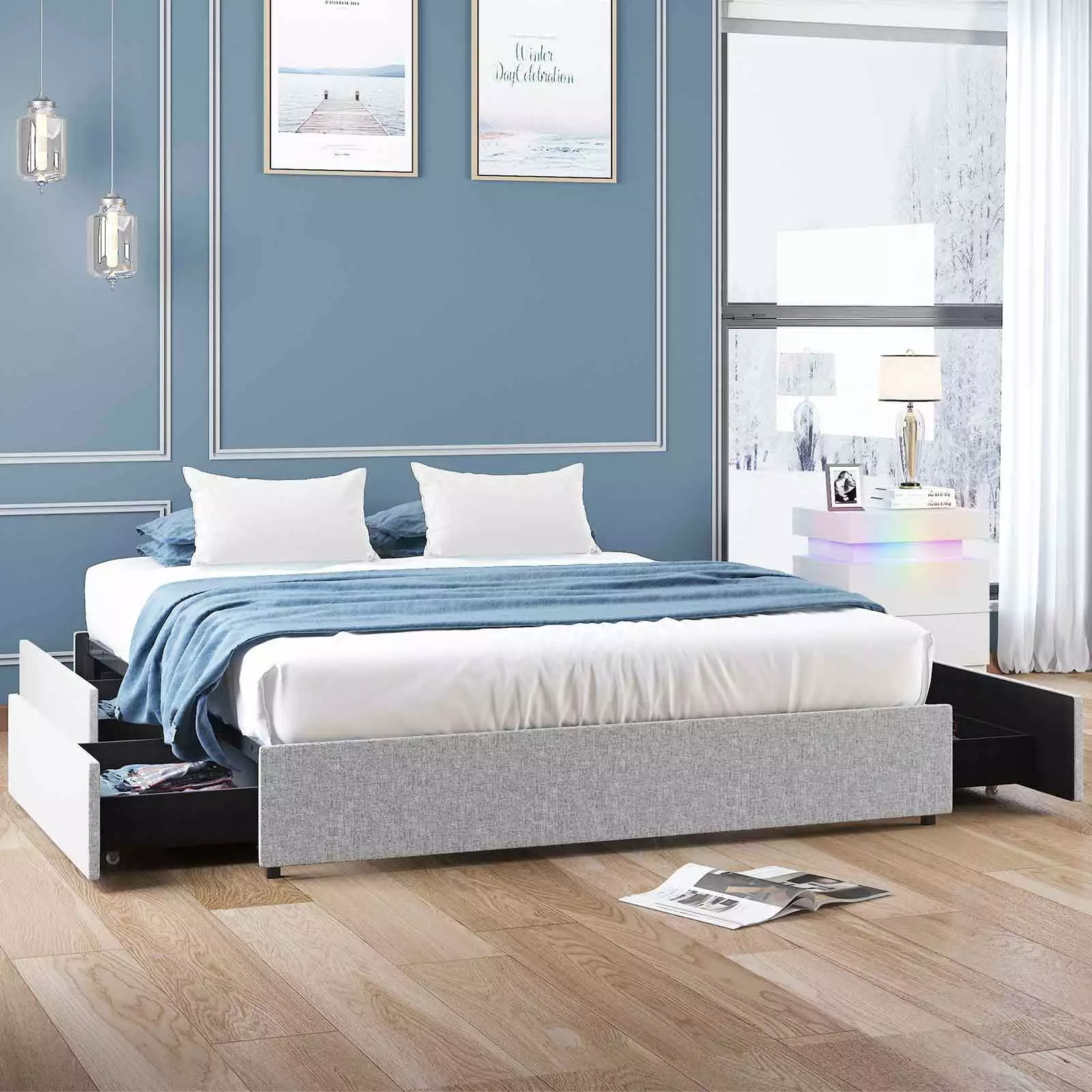 CECER King Size Bed Frame Linen Upholstered 4 Storage Drawers Steel Solid Wood Frame Light Grey