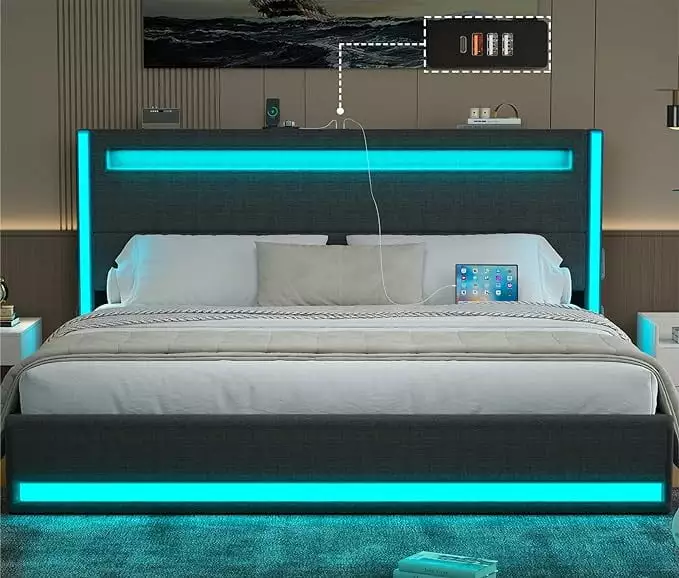 King Size Bed Frame Adjustable Headboard Light Up Upholstered Platform Bed Dnxao