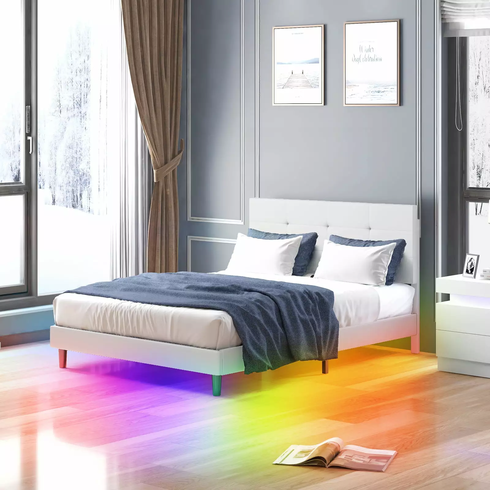 ijuicy King Size Bed Frame Intelligent RGB LED Lights Button Tufted Headboard PVC Fabric Upholstered Platform White