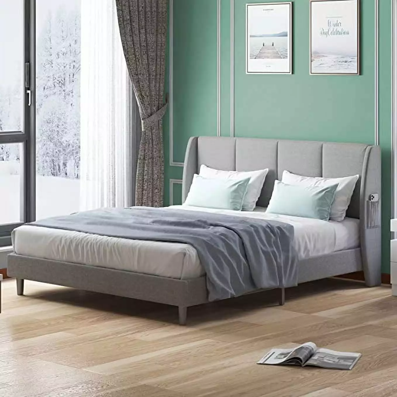 Mjkone King Size Platform Bed Frame Wooden Slat Support Linen Upholstered Headboard
