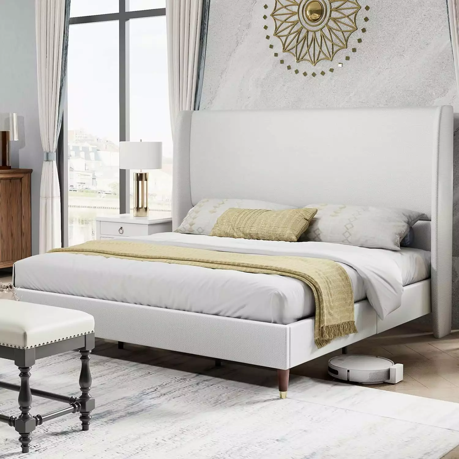 PaPaJet White 51.2 King Bed Frame Upholstered High Headboard Bedroom Furniture