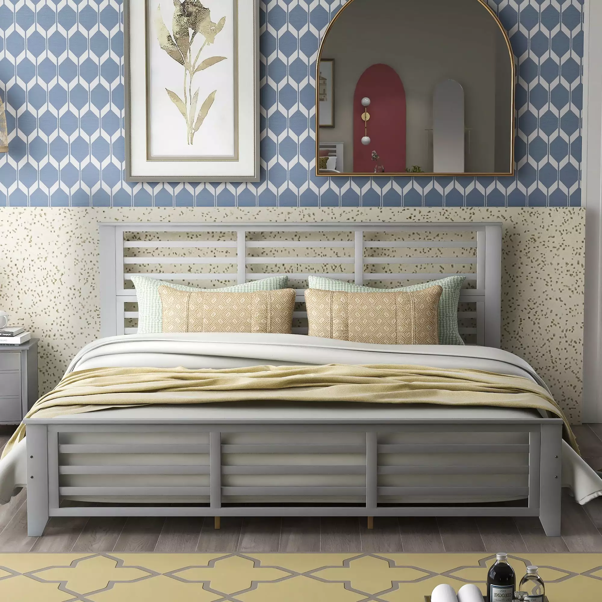Paproos King Bed Frame Solid Pine Wood Platform Bed Headboard and Footboard Gray