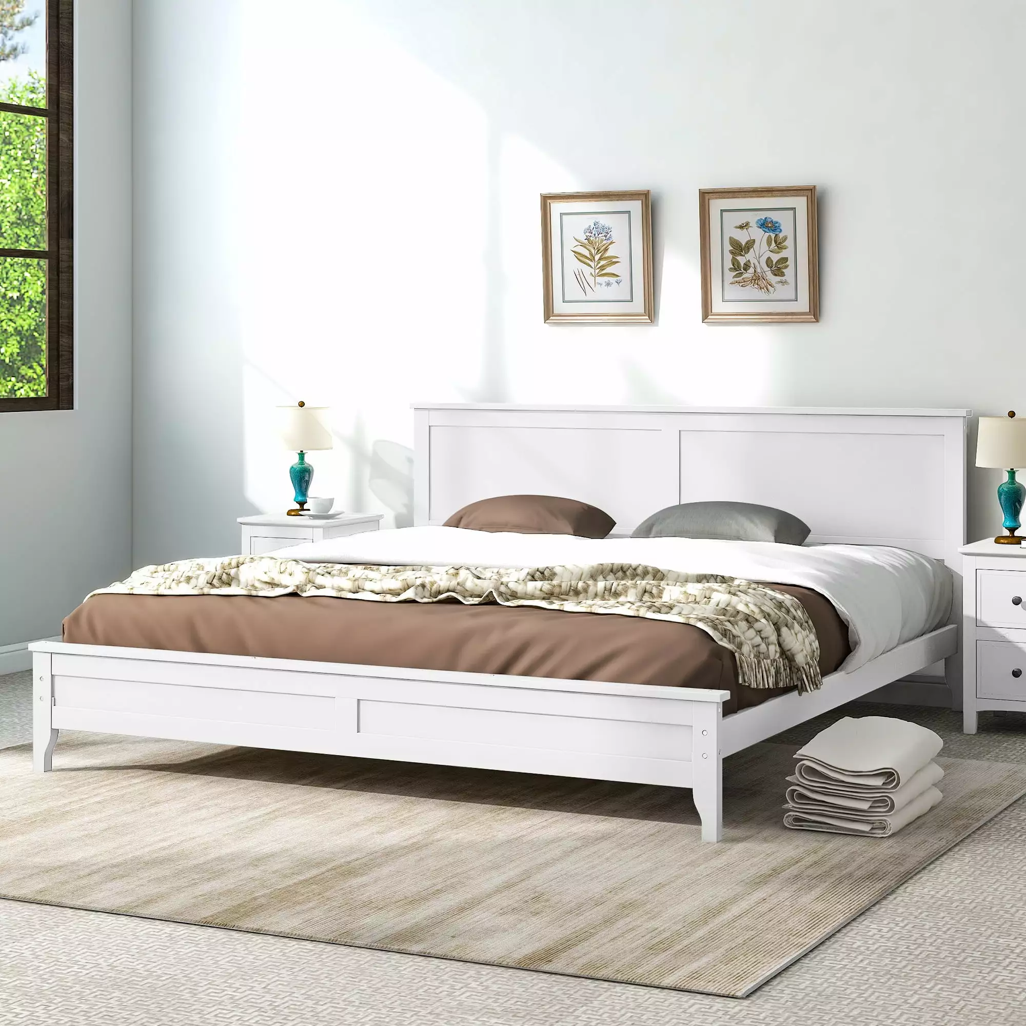 SYNGAR King Platform Bed Frame Headboard - 500lbs Capacity White Wood Bed