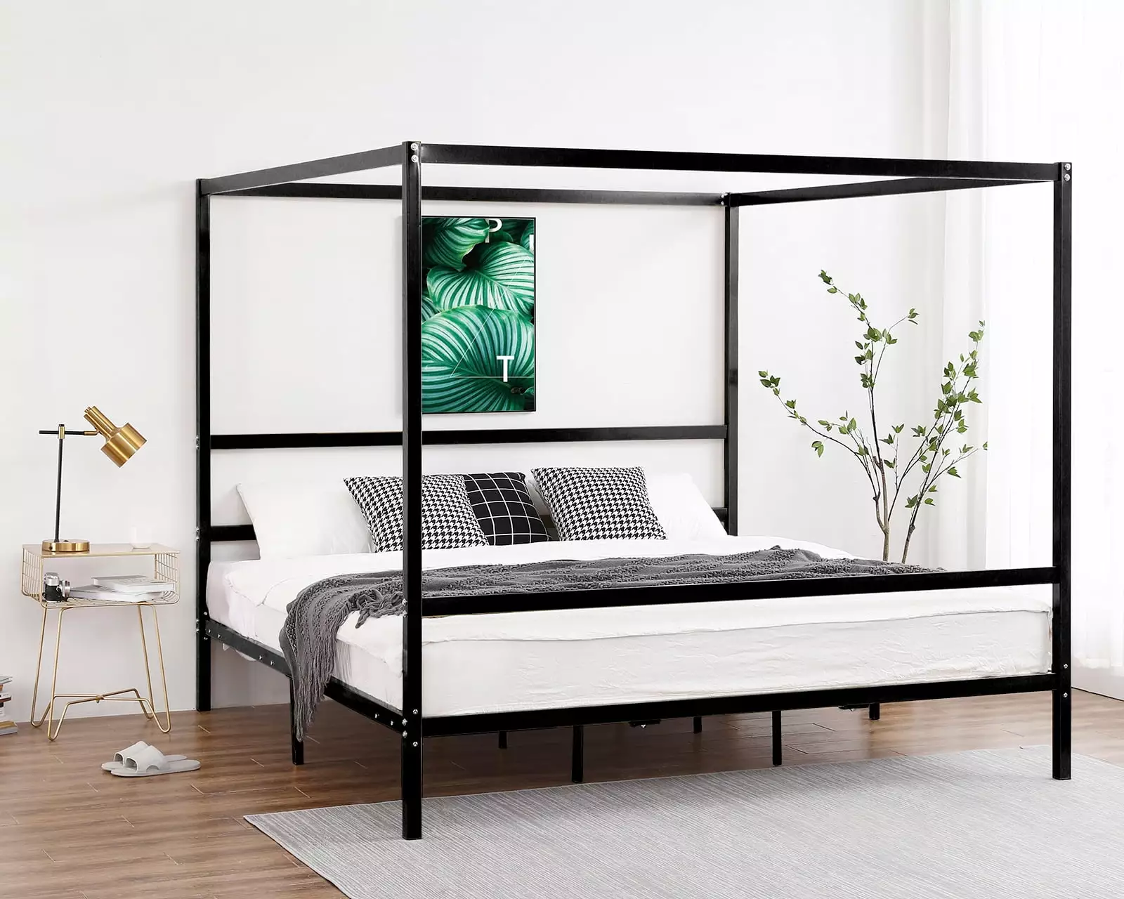VINGLI Black Canopy Bed Frame King Headboard - Four Poster Metal Bed Frame