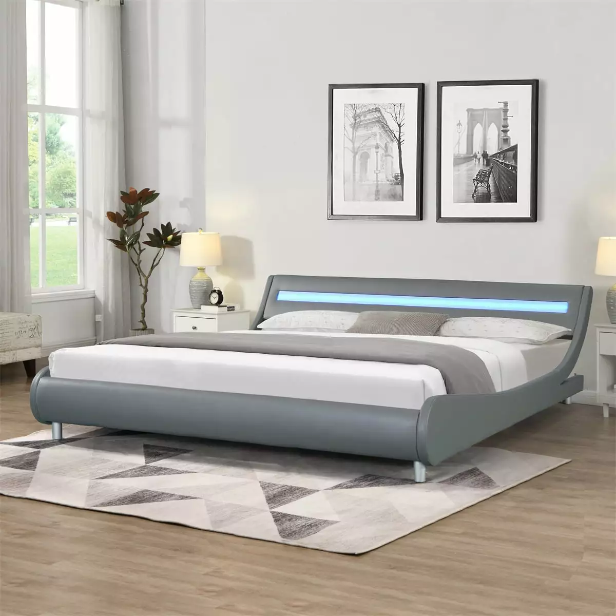 Curve Design Platform Bed Faux Leather Upholstered Bed Frame LED Lights Headboard Modern Low Profile Wave Like King Size B...