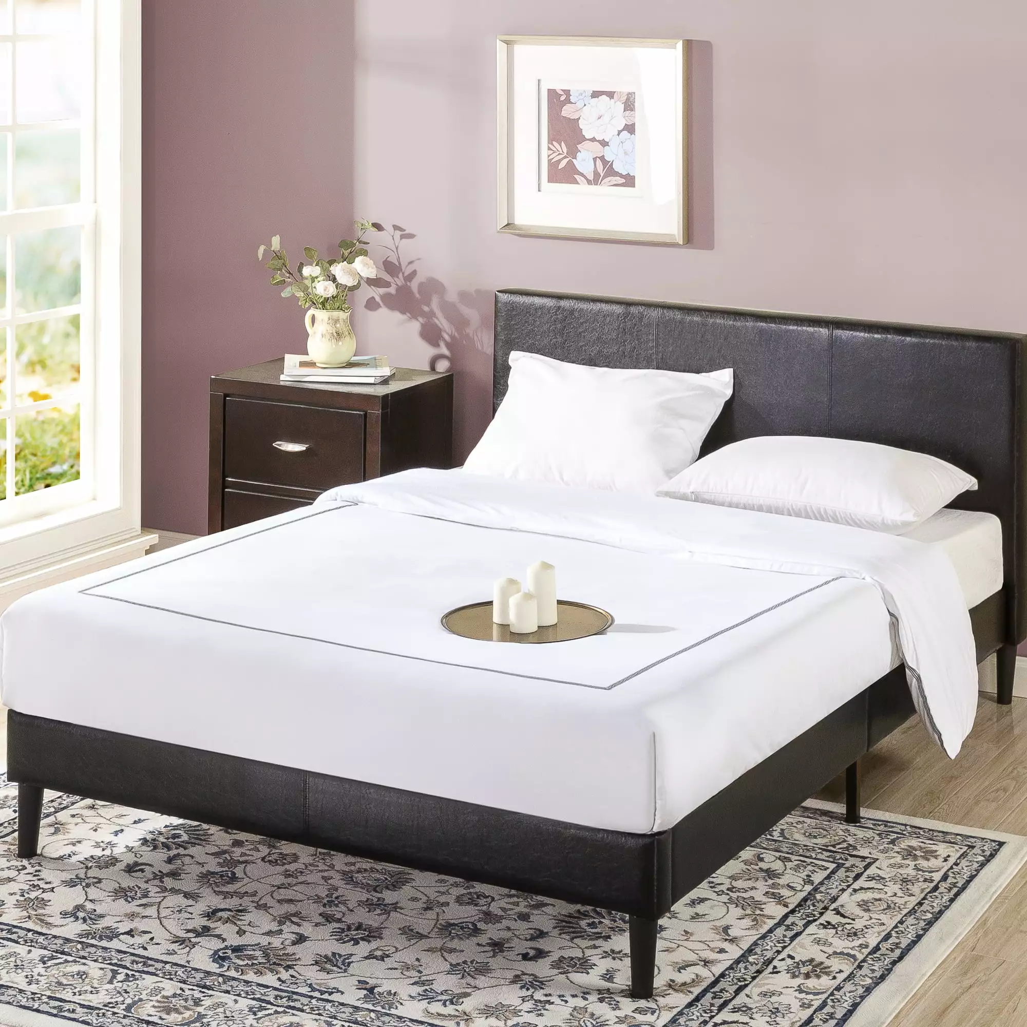 Zinus Jade 35 Faux Leather Platform Bed Short Headboard Black King