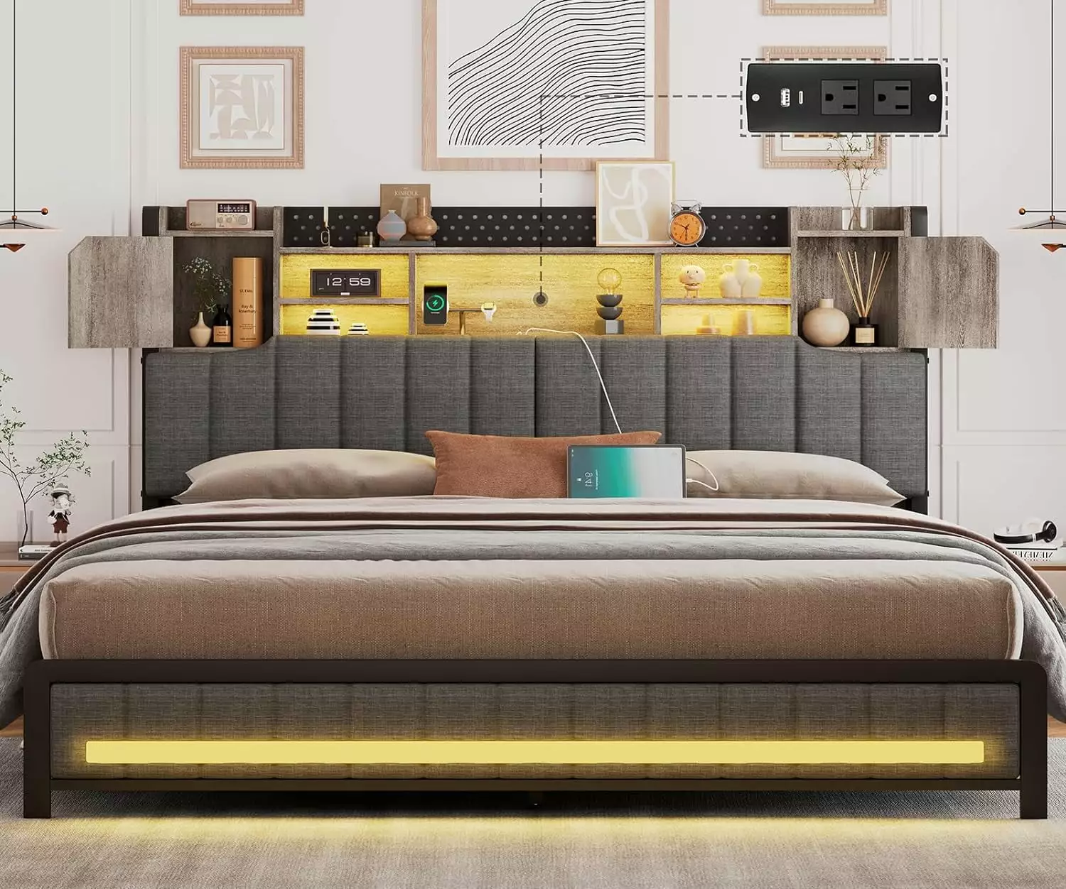 King Bed Frame Storage Headboard LED Lights and Charging Station Modern Bedroom Furniture Dnxao