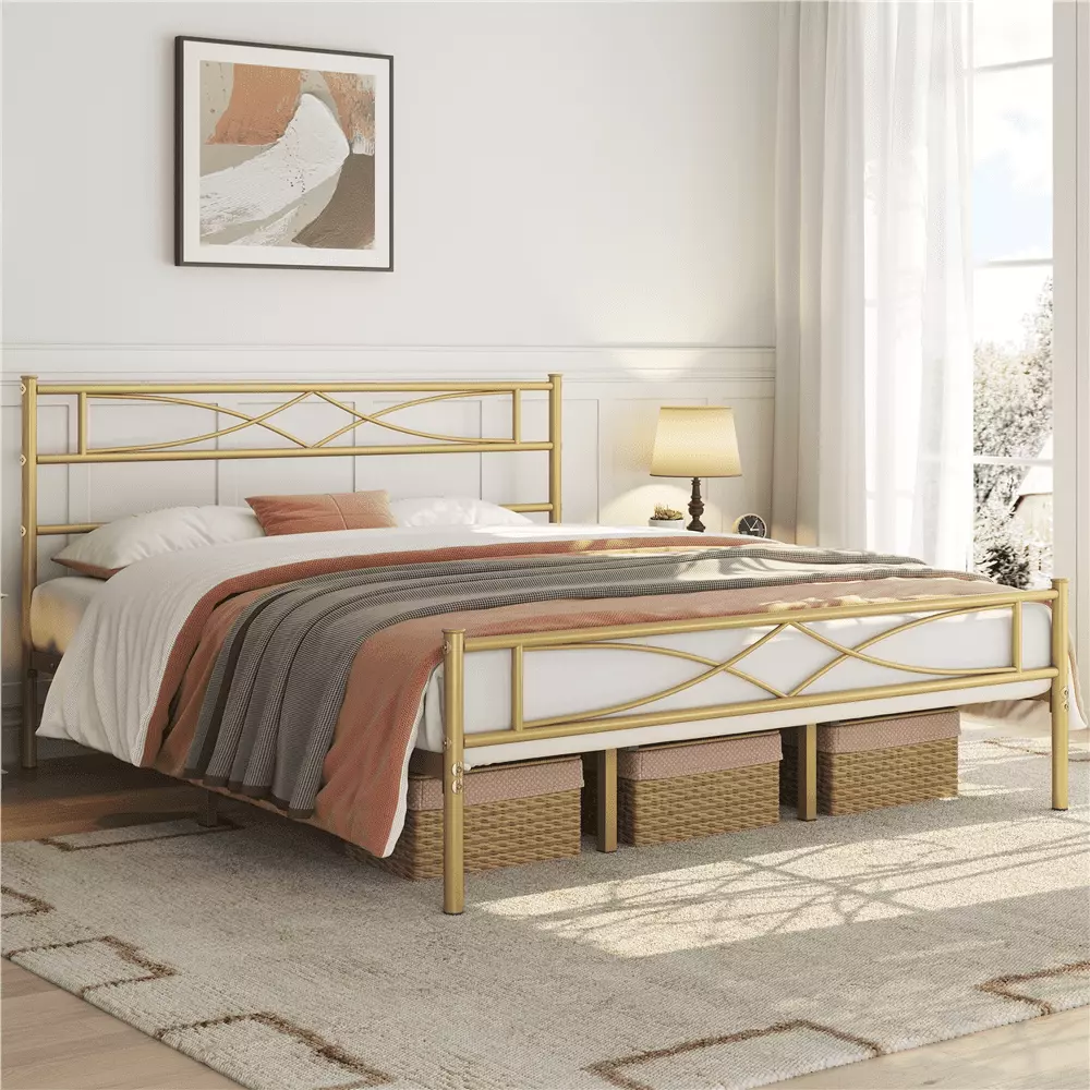 Topeakmart Metal King Bed Frame Curved Design Headboard and Footboard Antique Gold