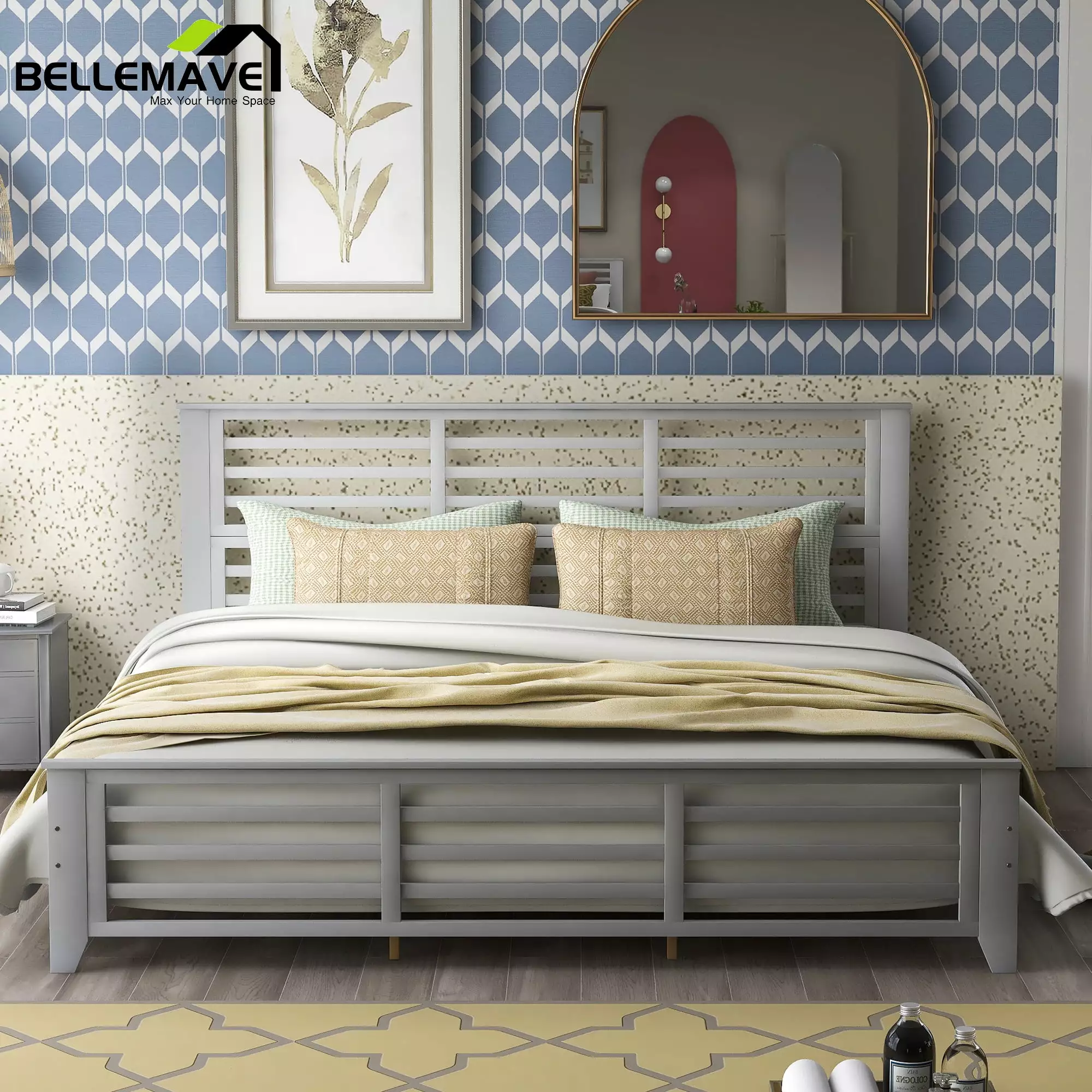 Bellemave Gray Wood King Size Platform Bed Slat Headboard and Footboard Horizontal Strip Design