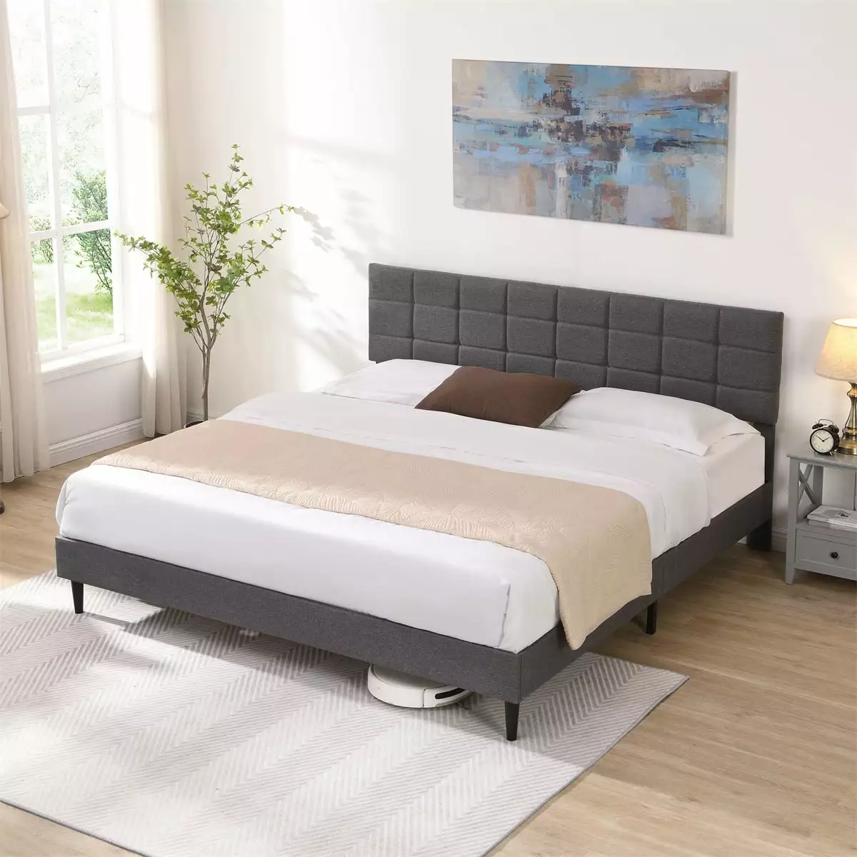 King Size Platform Bed Frame Fabric Upholstered Headboard and Wooden Slats Heavy Duty HOMIQUEEN