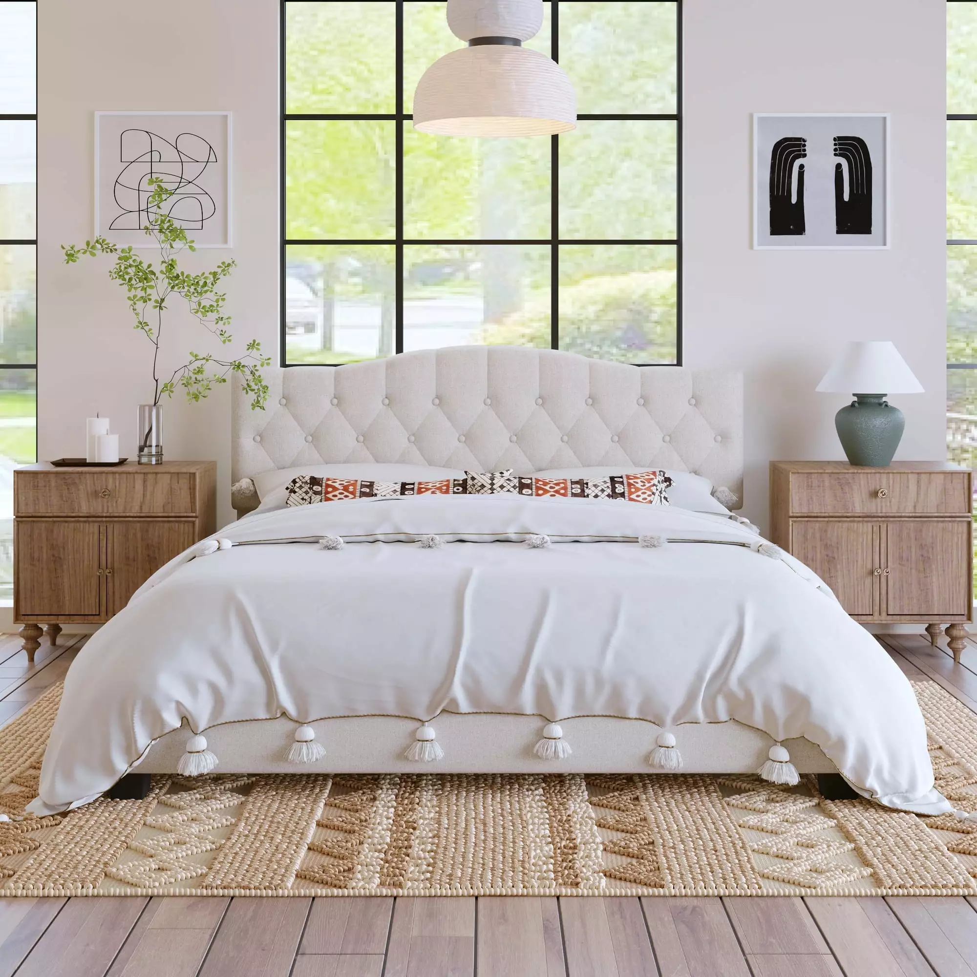 uhomepro Fabric Upholstered Platform Bed King Headboard Beige Modern Bed Frame No Box Spring Needed
