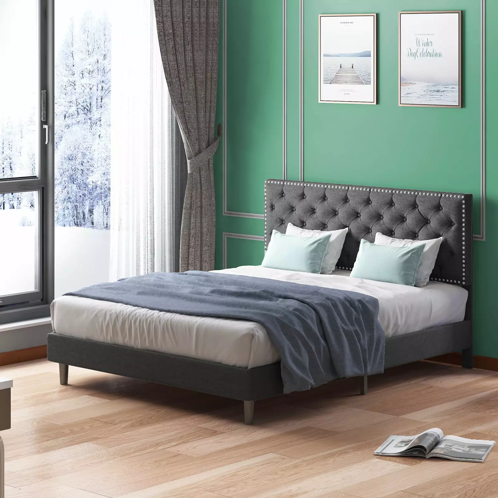 Dark Grey King Bed Frame Adjustable Height Headboard Upholstered Platform Wooden Slats No Box Spring ijuicy