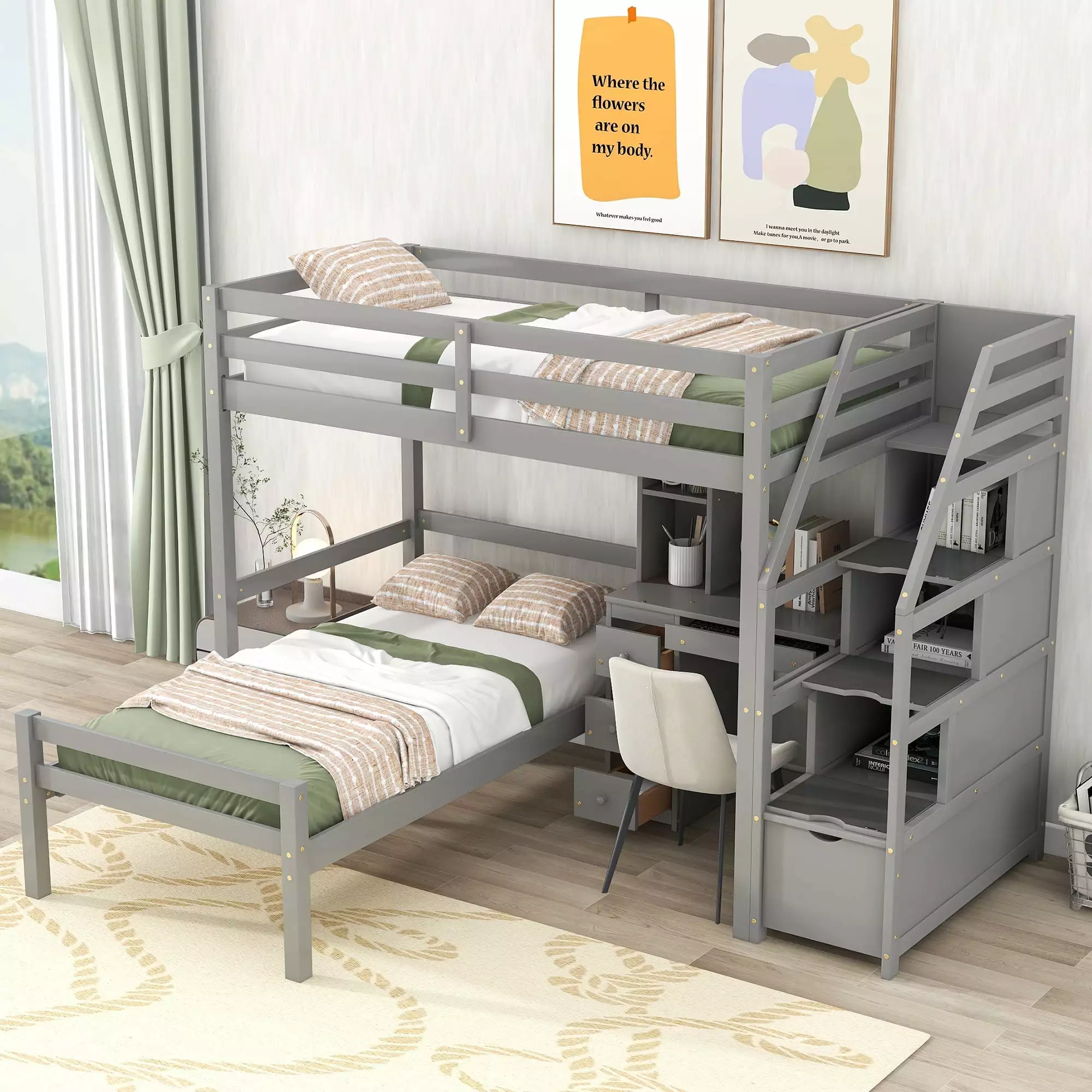 Churanty L Shaped Twin Over Twin Bunk Bed Storage Staircase Desk Shelves and Drawers Gray Wooden Loftbed