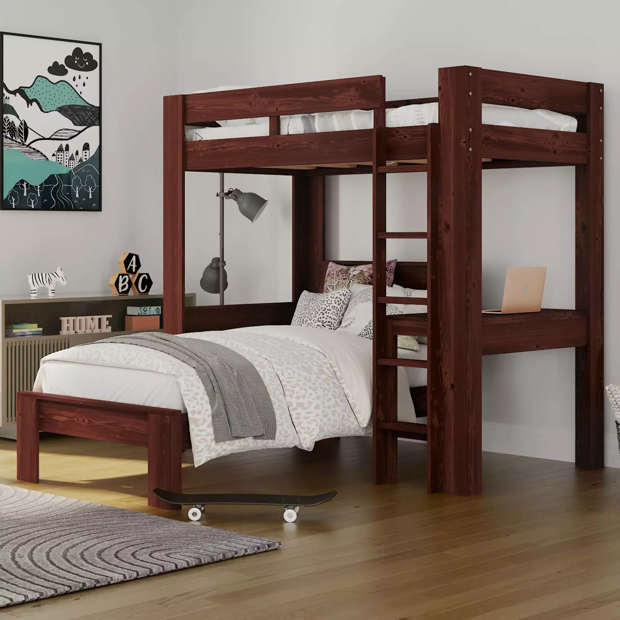 DHP Jaymee L-Shaped Bunk Bed Separable Loft Bed Desk and Bed Frame Twin Twin Nutmeg