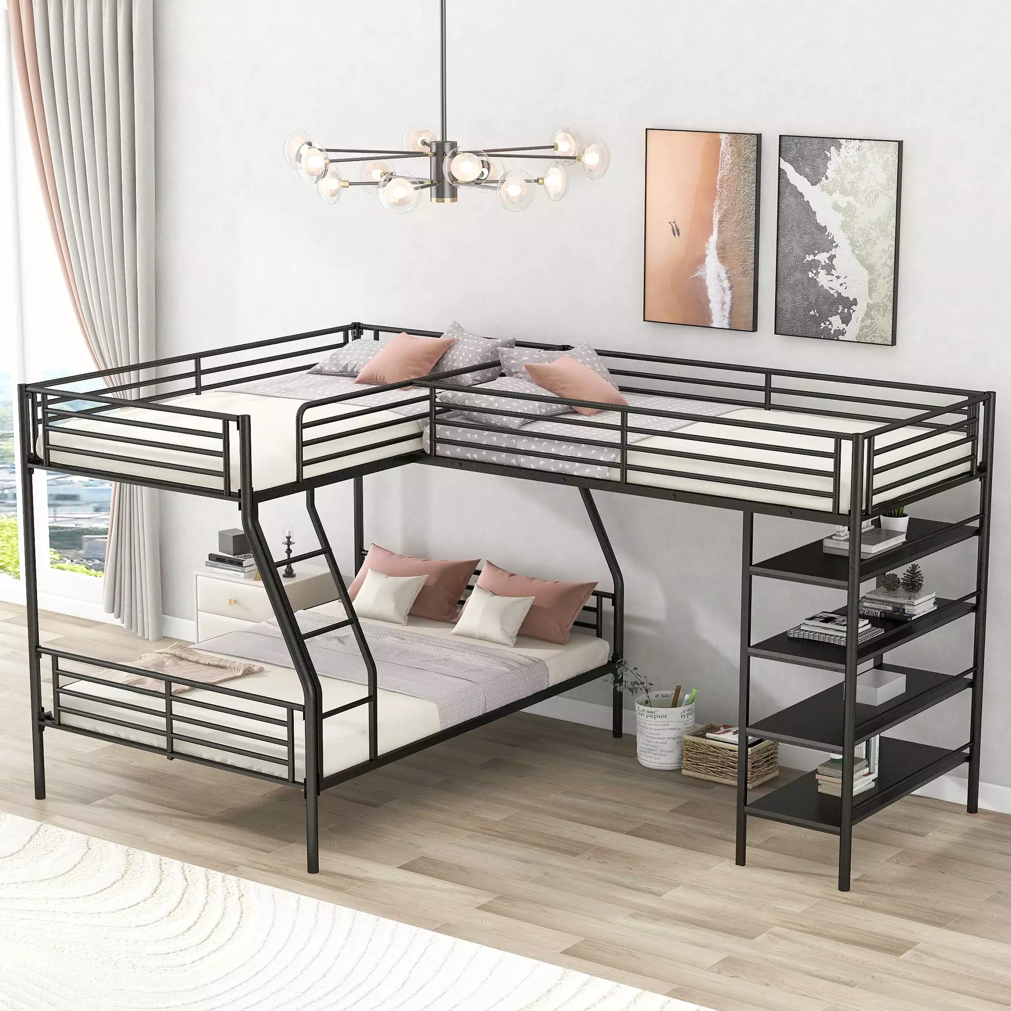 L-Shaped Metal Twin over Full Bunk Bed and Twin Size Loft Bed Four Built- Shelves Black 617AAB Miekor
