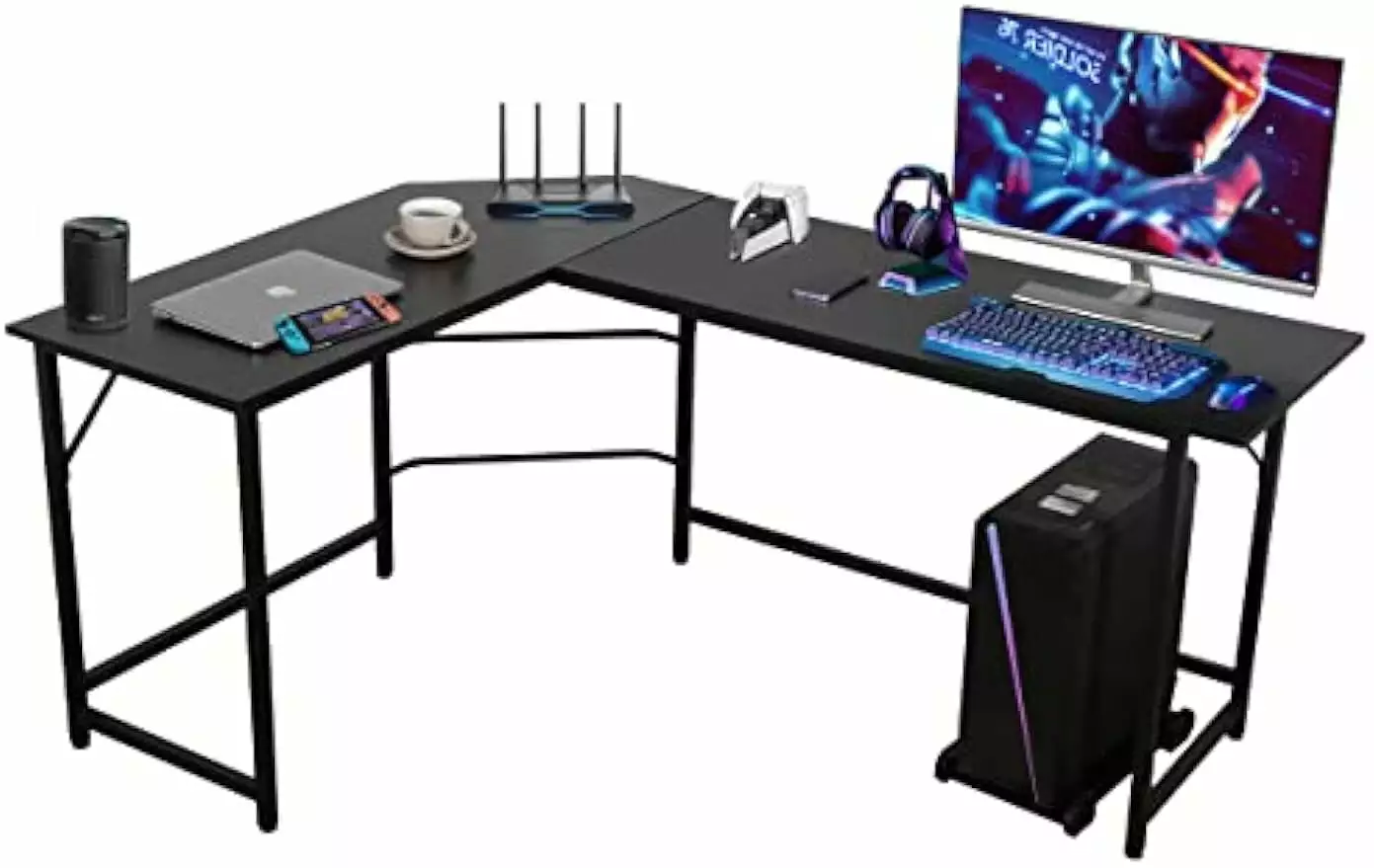 66 Modern L-Shaped Corner Computer Desk - Black Home Office Laptop Gaming Workstation CPU Stand Abby's