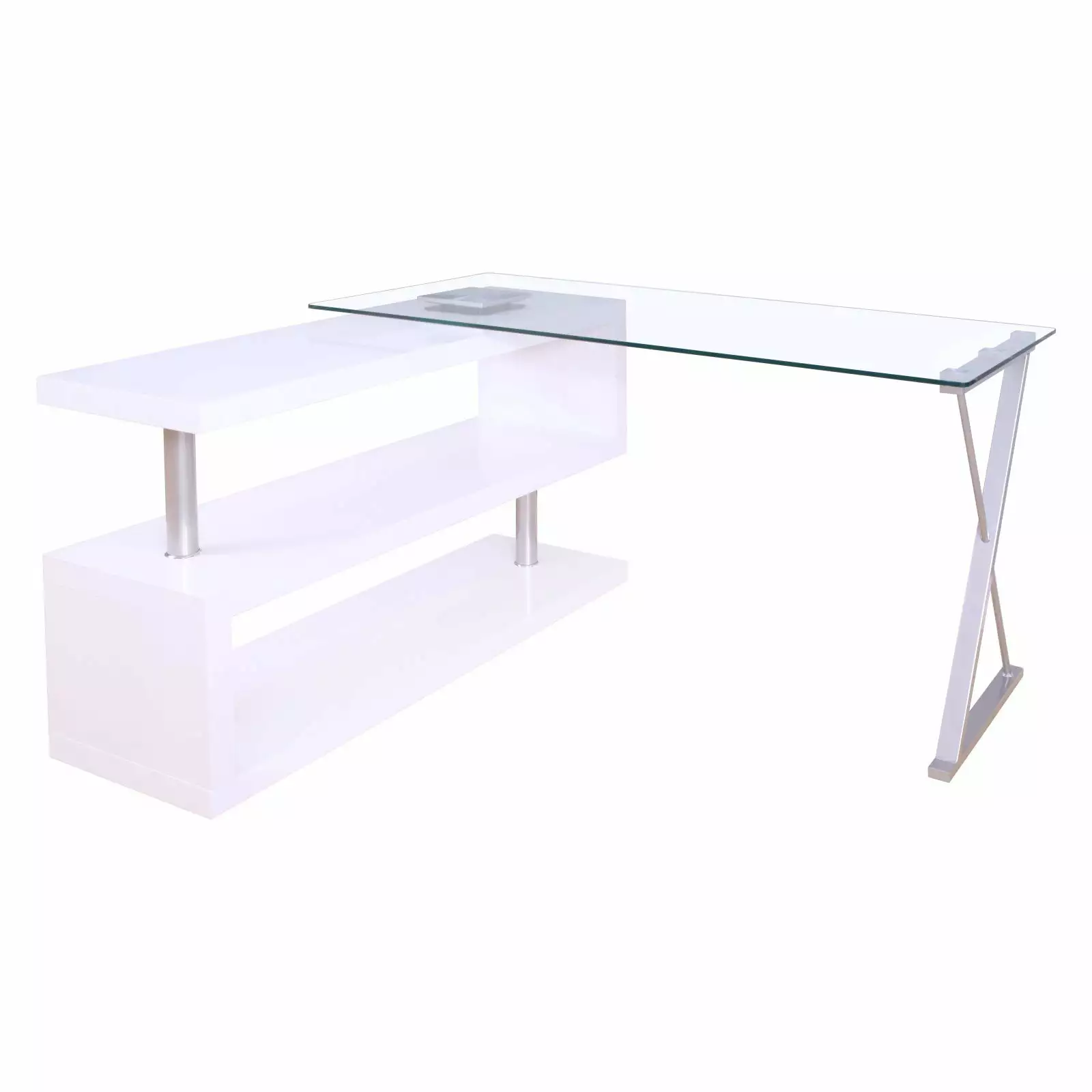 ACME Furniture White and Clear Glass L-Shaped Writing Desk Buck Metal Frame