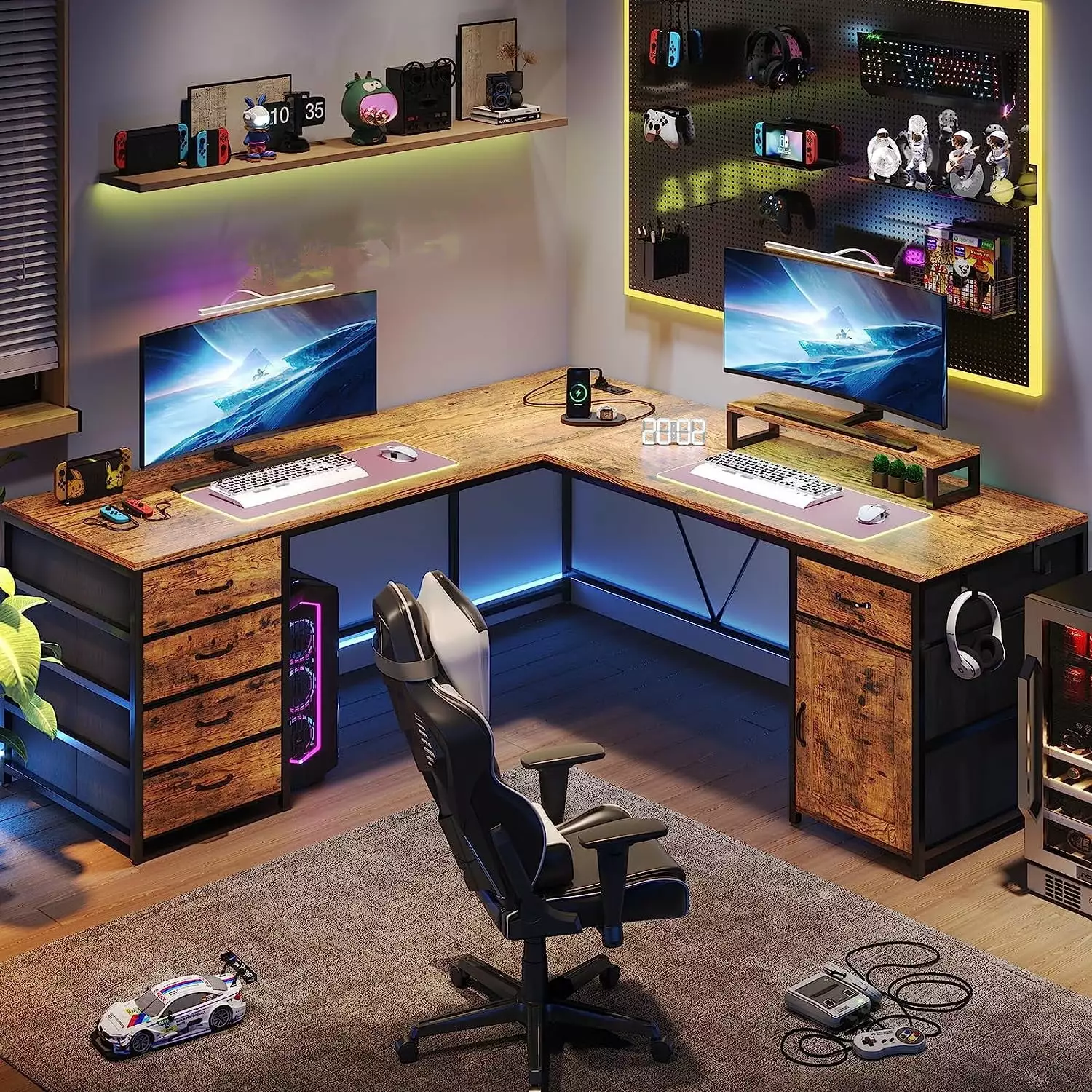 New L Shaped Computer Desk - 63 Inch Home Office Desk 5 Drawers, Power Outlet, and Storage Cabinet AOGLLATI