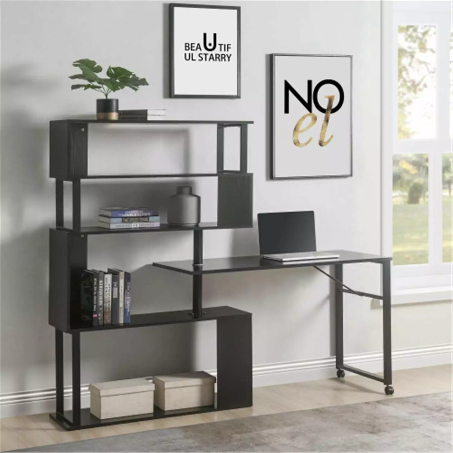 Home Office Computer Desk L-Shaped Corner Table Rotating Computer Table 5-Story Bookshelf Black ARCTICSCORPION