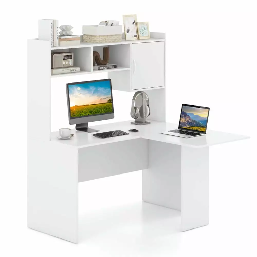 Barara King L-Shaped Home Office Desk Open Storage Hutch and Cabinet White