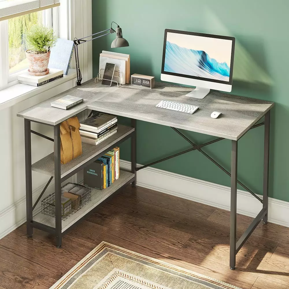 Bestier 47 Inch Corner L-Shaped Desk Storage Shelves Writing Desk Wash Grey Finish