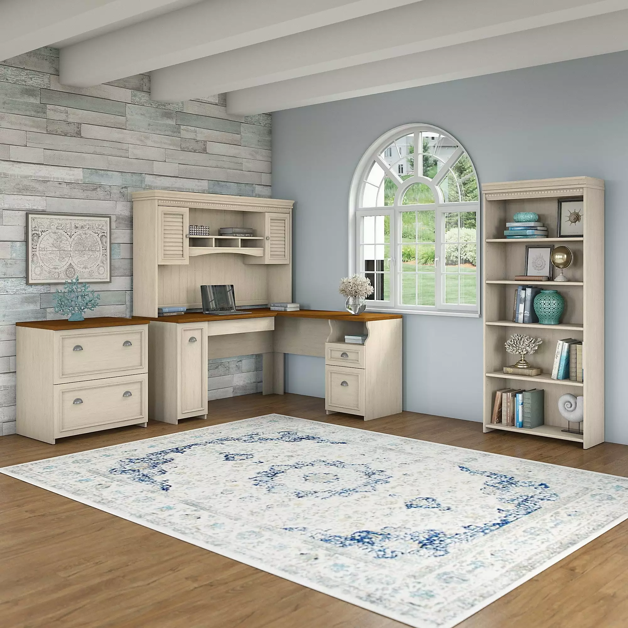 Fairview L Shaped Desk 4 Piece Set Storage Antique White Bush Furniture