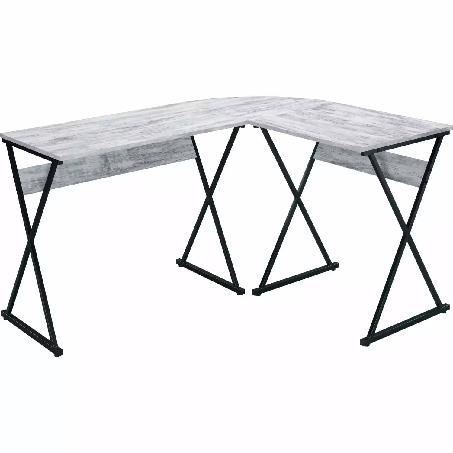 Benjara L-Shape Writing Desk X Metal Legs White Modern Home Office Table Convenience Concepts