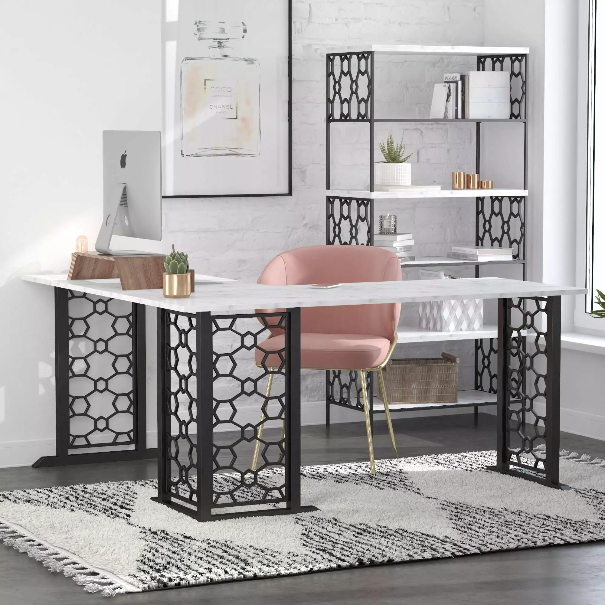 Ella L Shaped Desk White Faux Marble Top and Black Frame CosmoLiving by Cosmopolitan