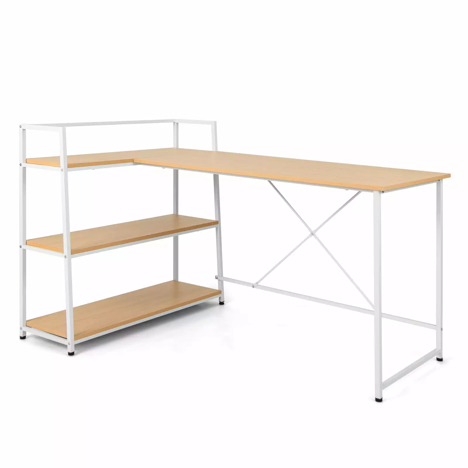 Costway Reversible L Shaped Computer Desk Corner Workstation 3-Tier Open Shelf Natural