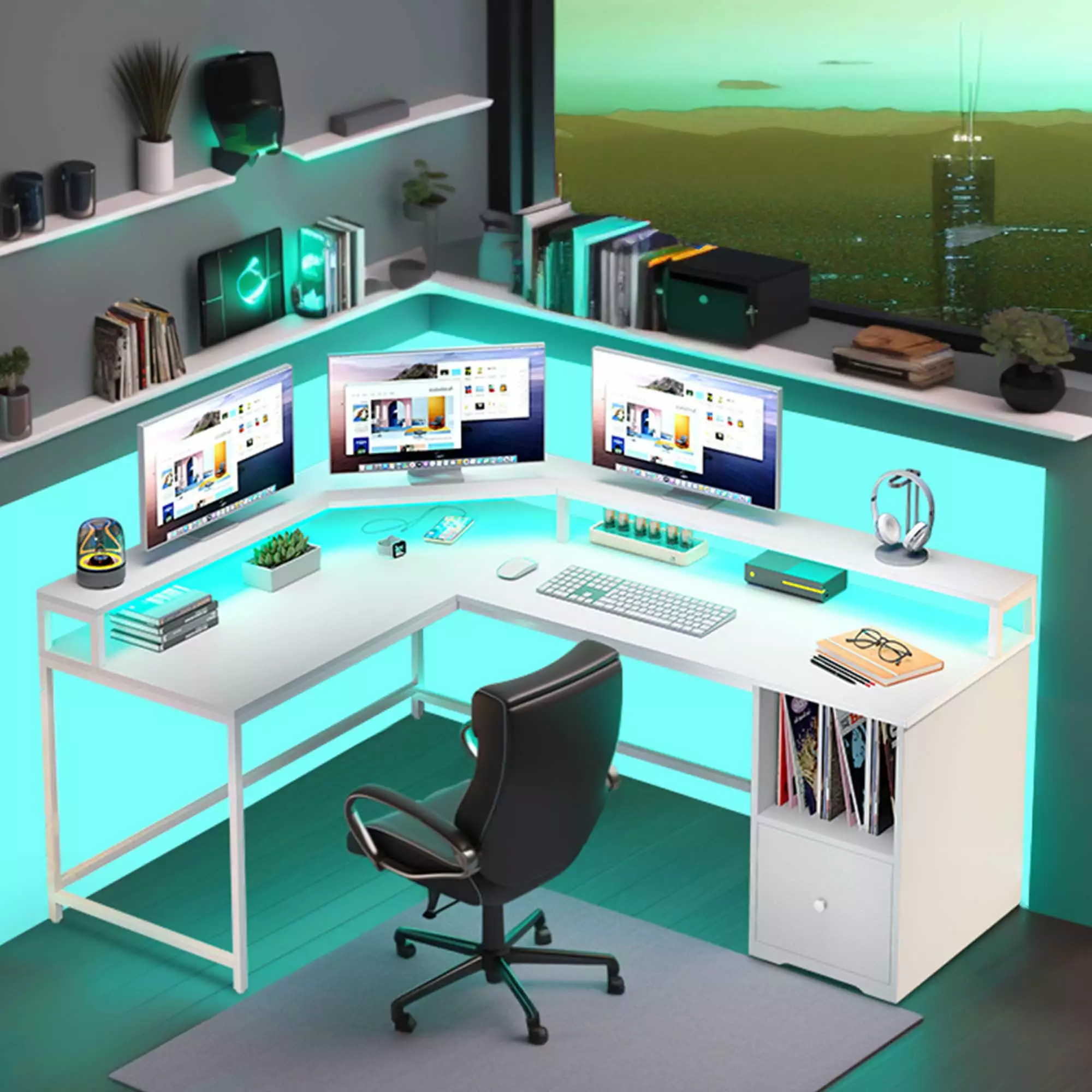DWVO 67 Inch L Shaped Desk LED Light Power Outlets and Storage Shelves