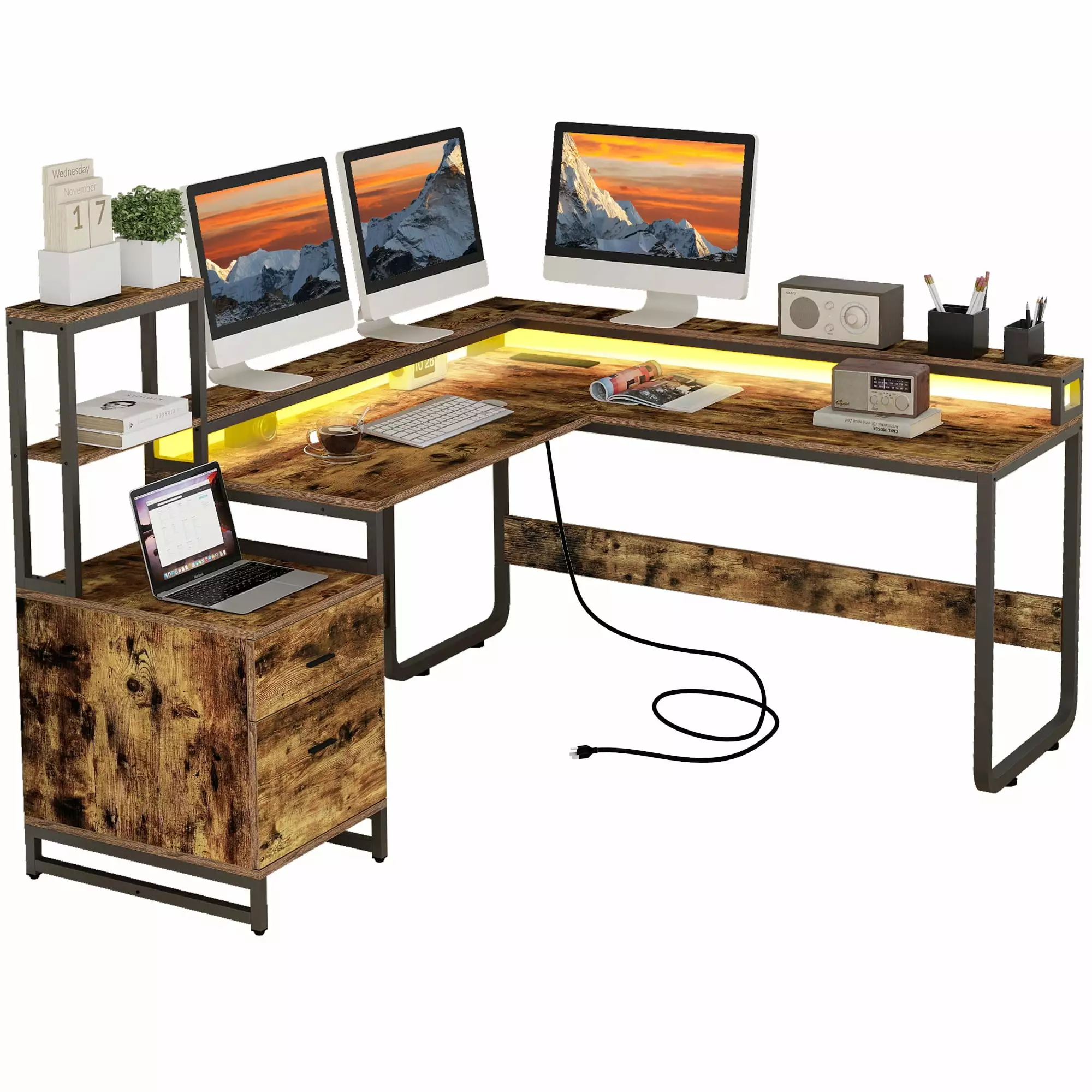 DWVO L Shaped Desk Power Outlets LED Lights and Drawers Large Corner Office