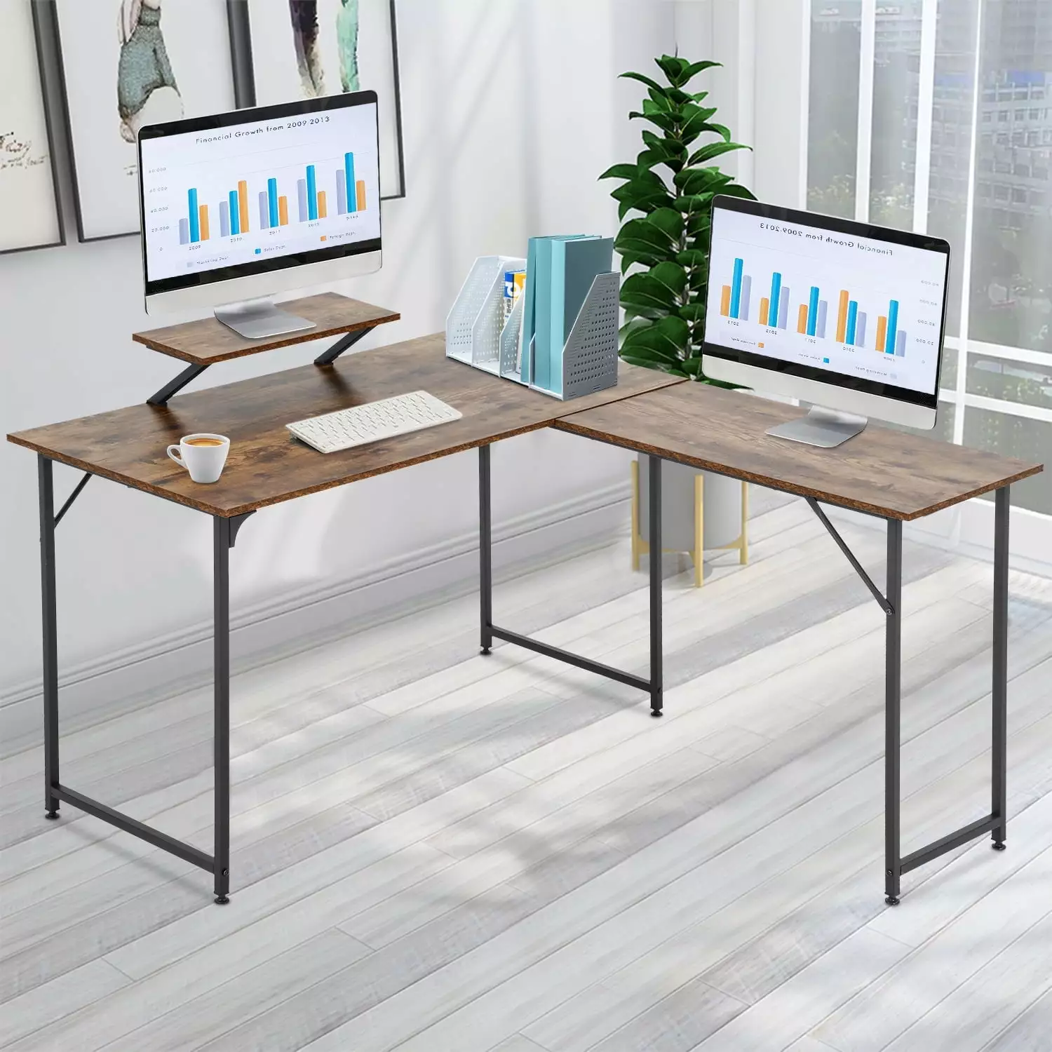 L Shaped Computer Desk Gaming Desk Office Writing Desk Monitor Stand Vintage Style FDW