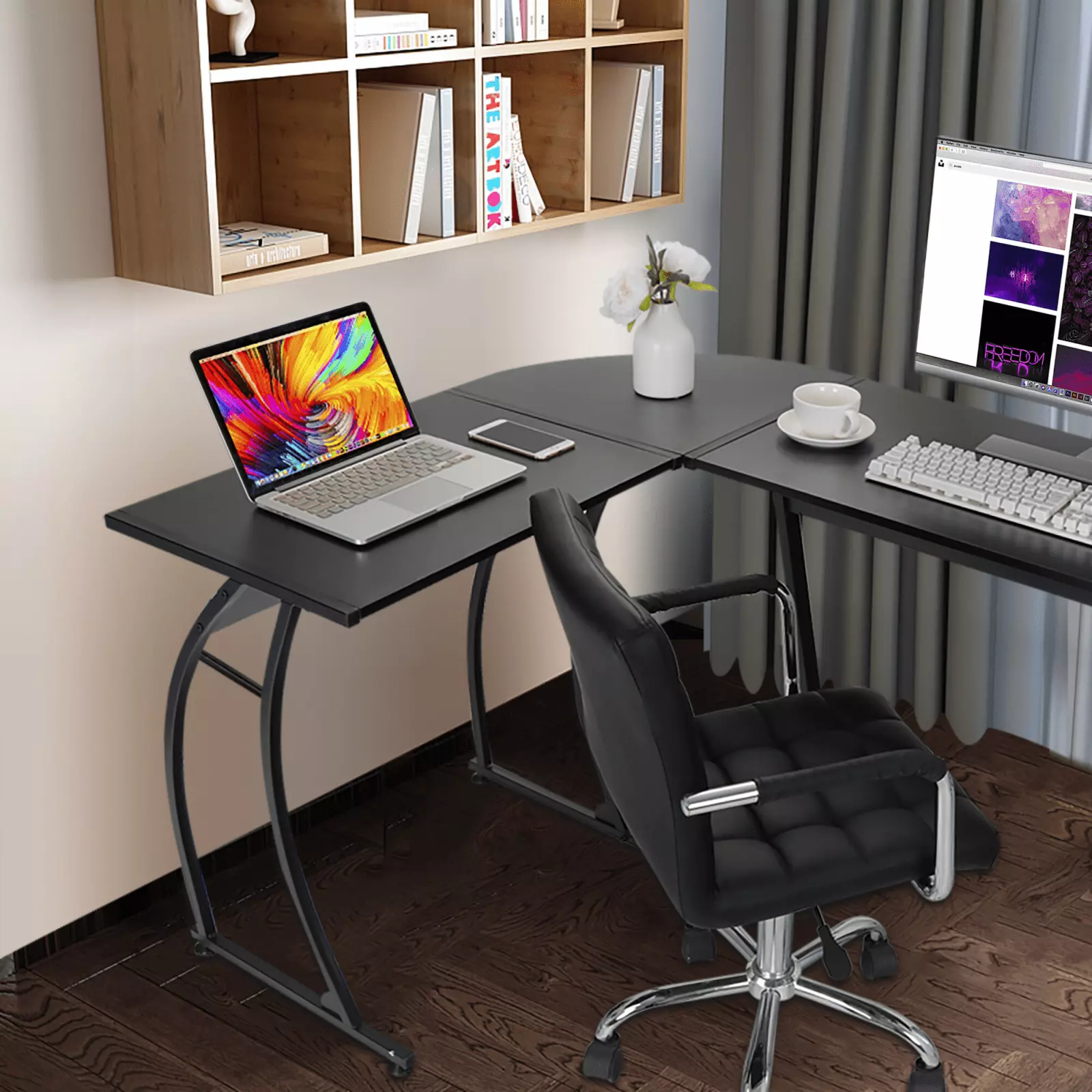 58 L-Shaped MDF Desk - Versatile Black Corner Desk Gaming and Writing FHWM2