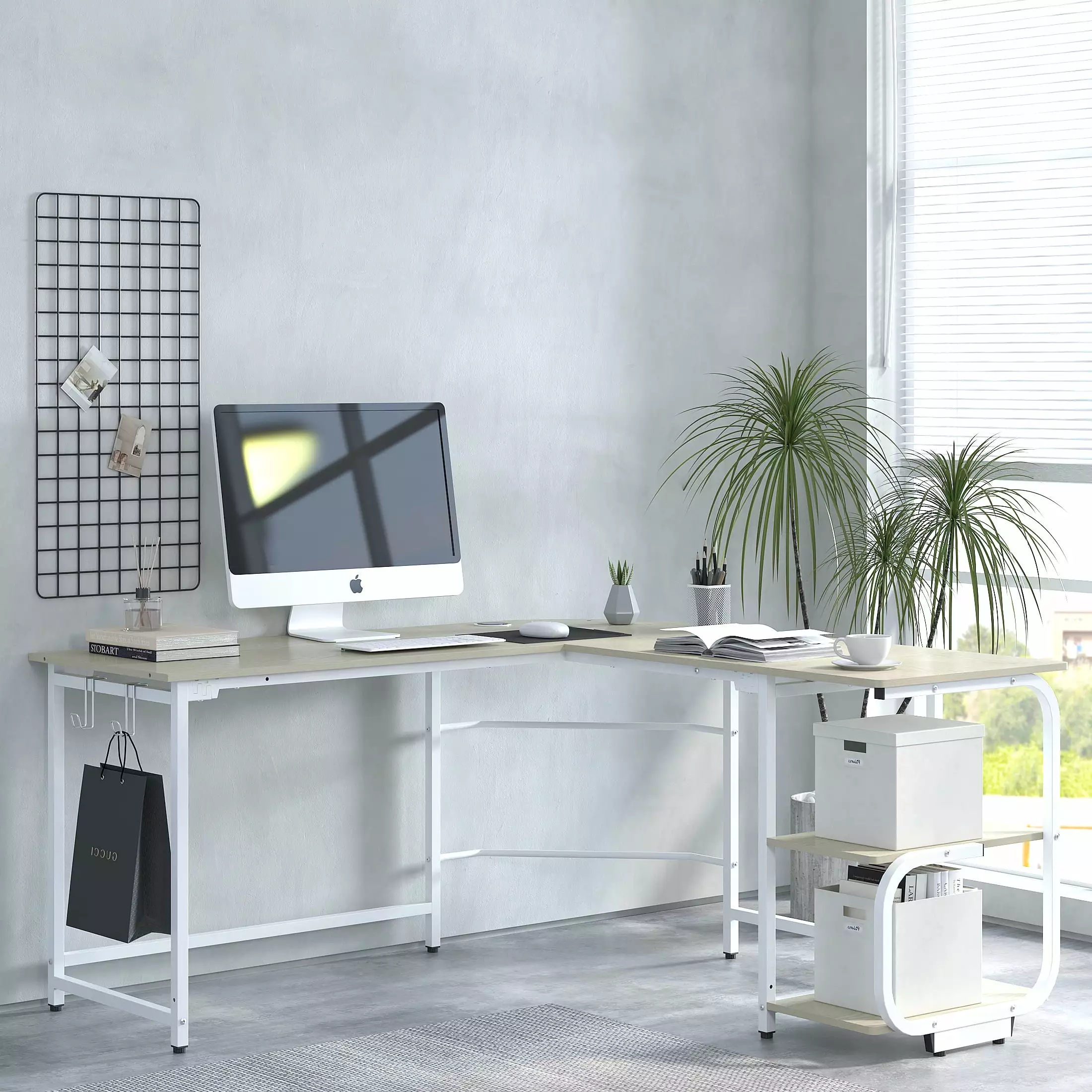 GEZEN 70 L Shape Computer Desk 2-tier Bookshelf Storage Home Office Corner Computer Table Hooks Beige