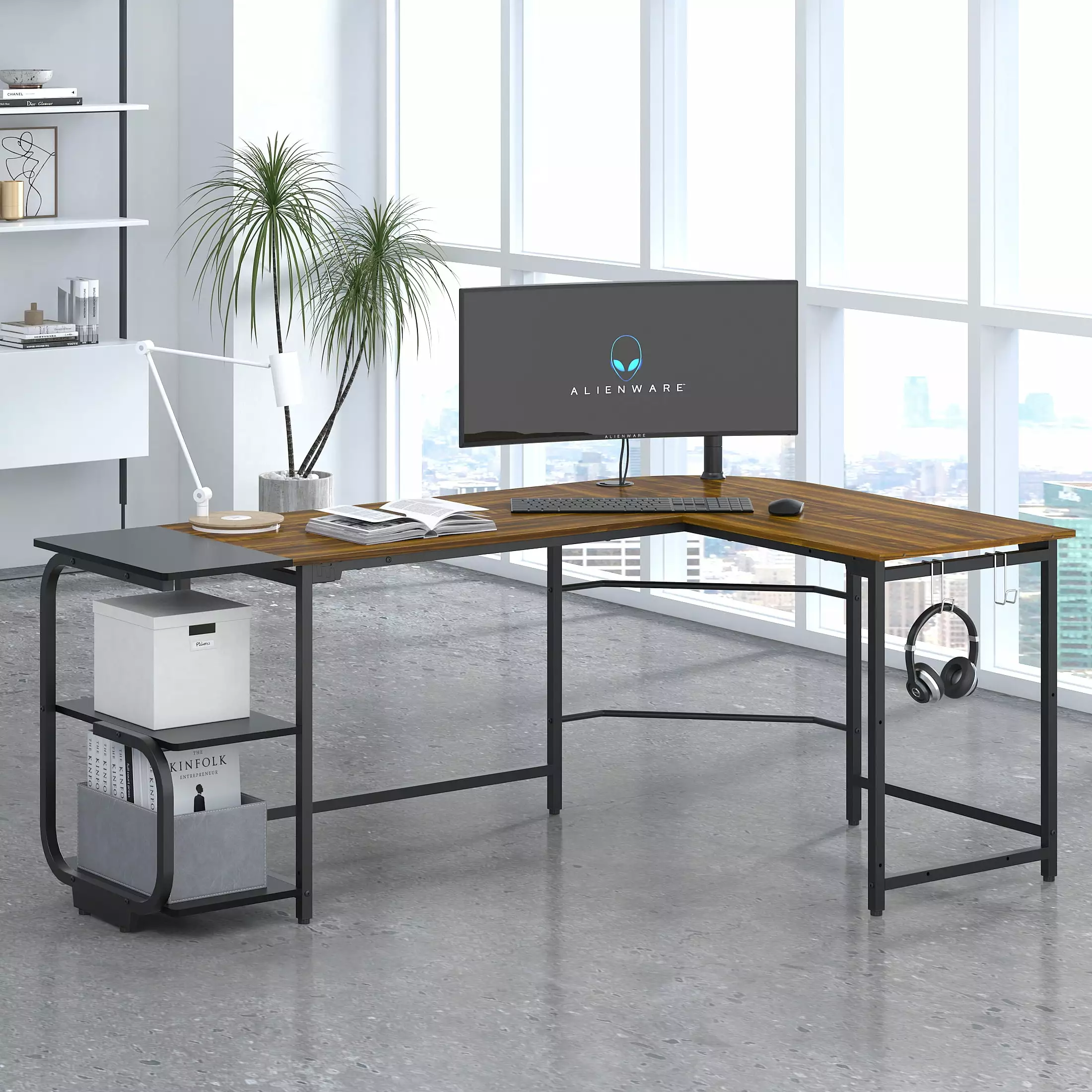 GEZEN 70 L Shape Computer Desk 2-tier Bookshelf Storage Home Office Corner Table Teak Brown