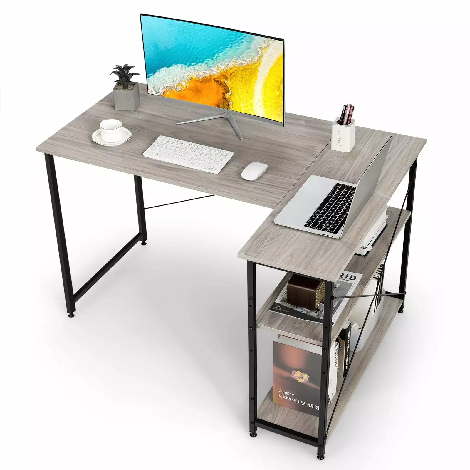 Giantex L-shaped Corner Computer Desk Reversible Shelves Gray Home Office Workstation
