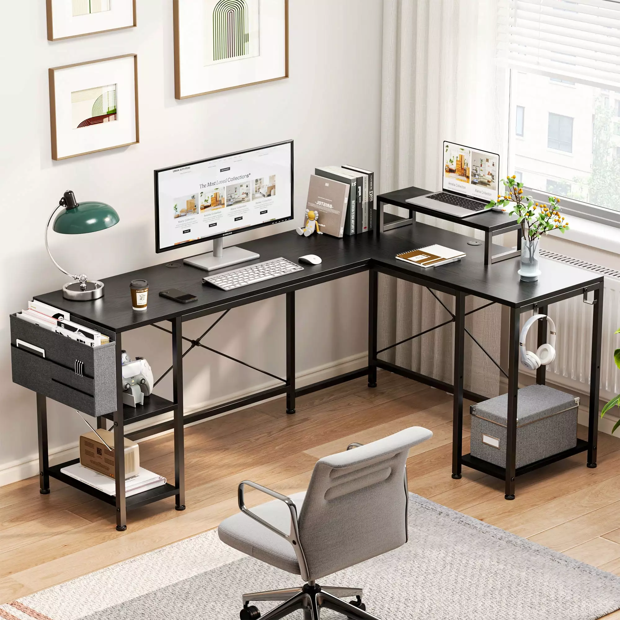 GIKPAL L Shaped Desk Reversible Corner Computer Desk Monitor Stand and 3 Shelves Black