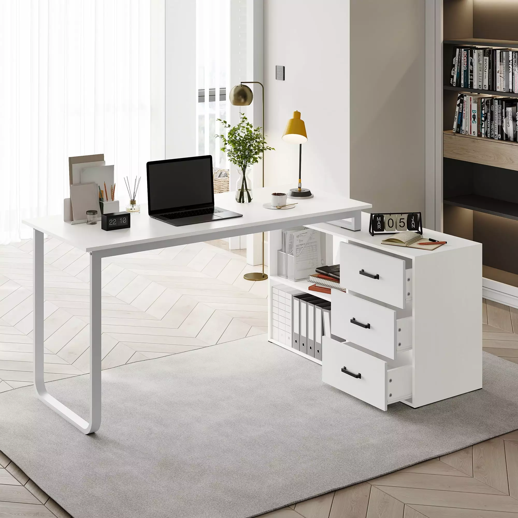 HLR 55 L Shaped Computer Desk 3 Drawers and Shelf Large Home Office Corner Folding Desk