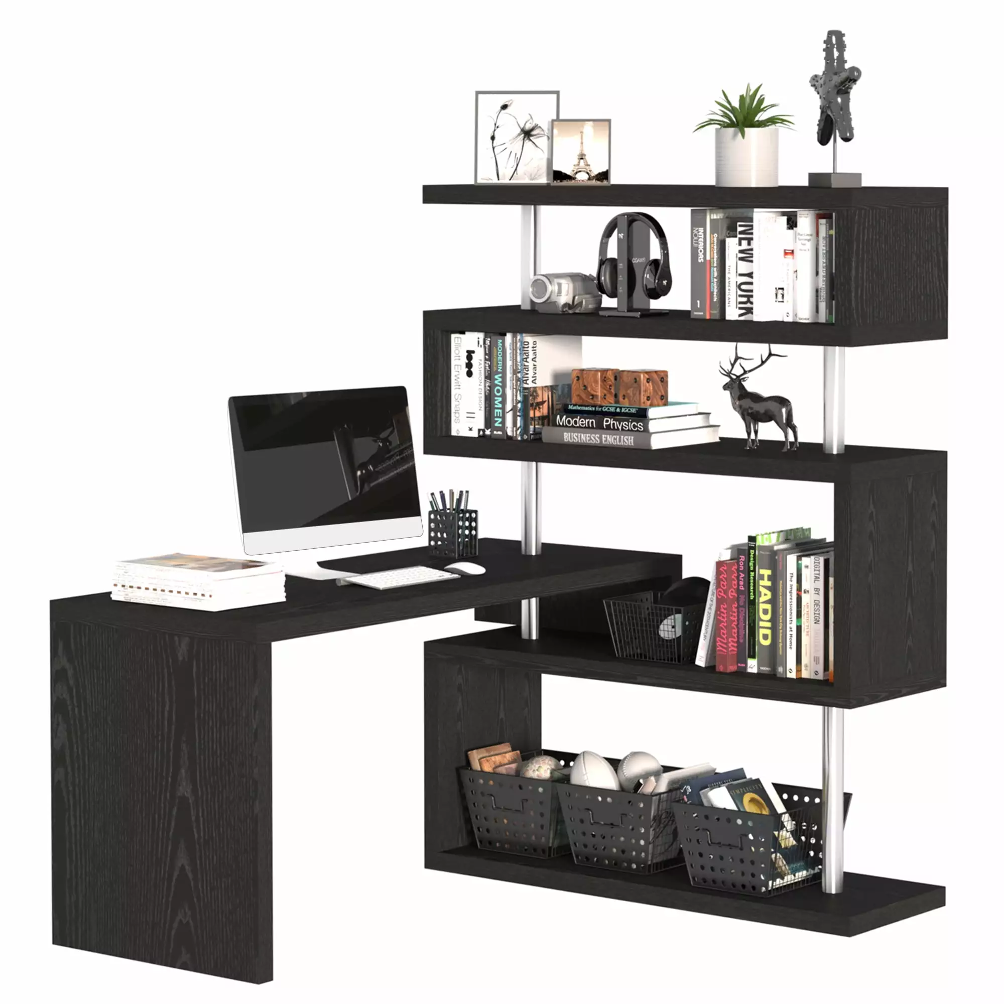 HomCom 94 4 Tier Rotating L-Shaped Computer Desk Display Shelves and Steel Frame
