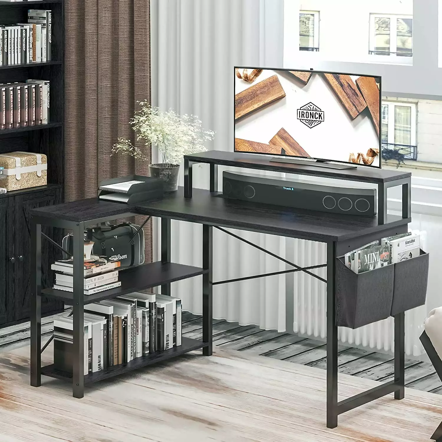 IRONCK L Shaped Desk Storage Shelves 47 Inch Corner Computer Desk Writing Office Table Black