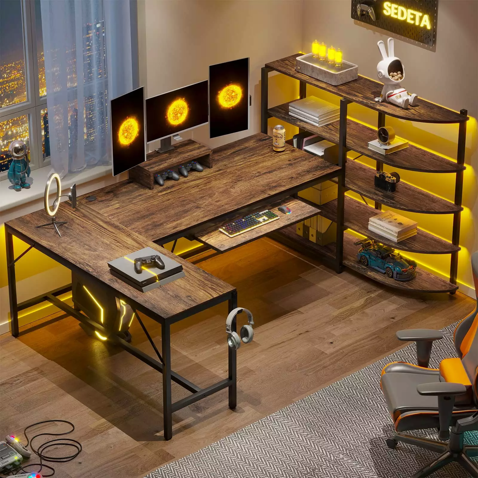 L Shaped Computer Desk Storage Shelves Monitor Stand Keyboard Tray LED Lights Rustic Brown Kicode