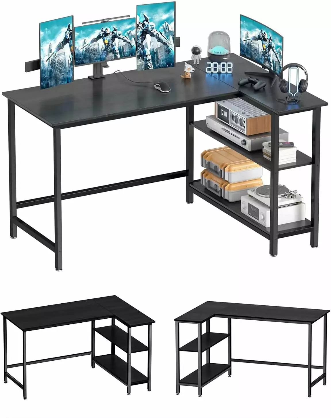 L Shaped Computer Desk Black Home Office Desk Shelf Gaming Corner Table Space Saving Work Study Desk kk