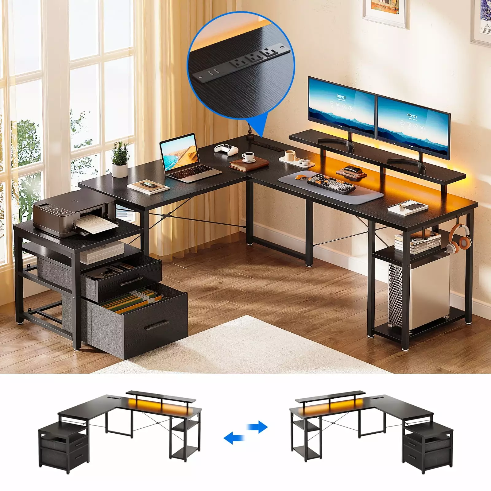L Shaped Gaming Desk Drawers and Storage Shelves Black KKL