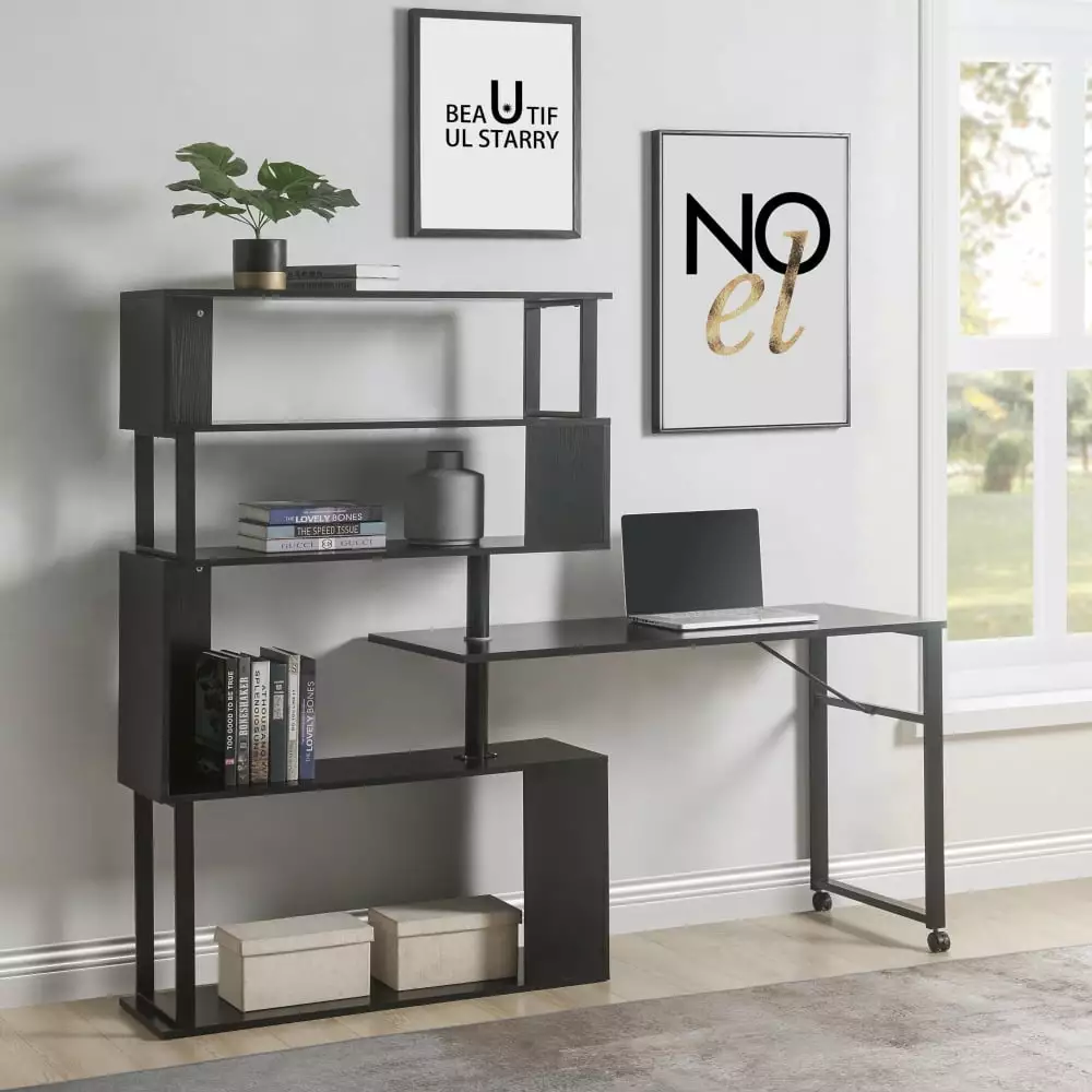 MIDODO L-Shaped Office Desk 5 Shelves Bookcase and Wheels Study Room