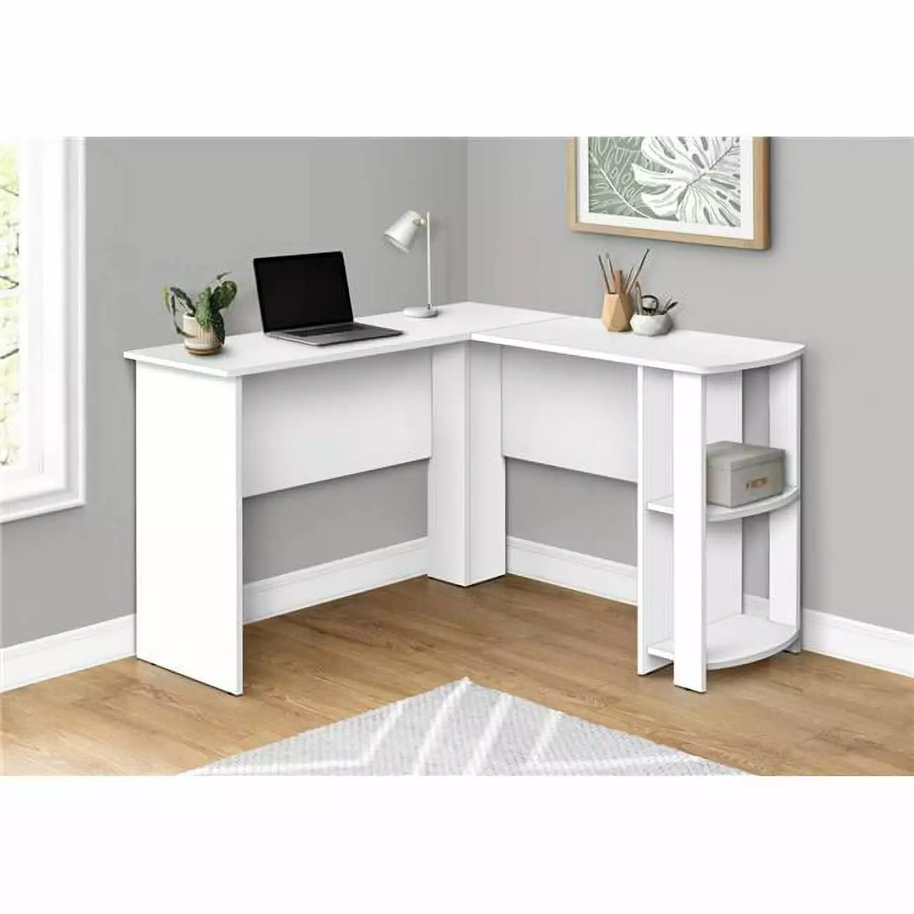 Monarch Specialties White L-Shaped Corner Computer Desk 2 Shelves Home Office