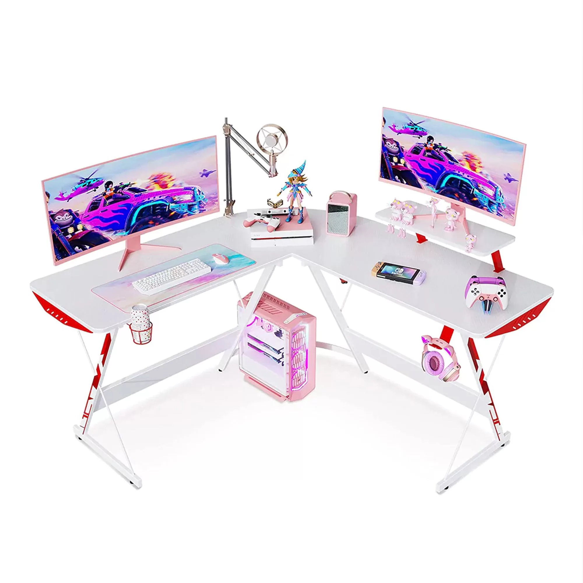 MOTPK 51 Inch L Shaped Carbon Fiber Computer Gaming Desk and Monitor Shelf White